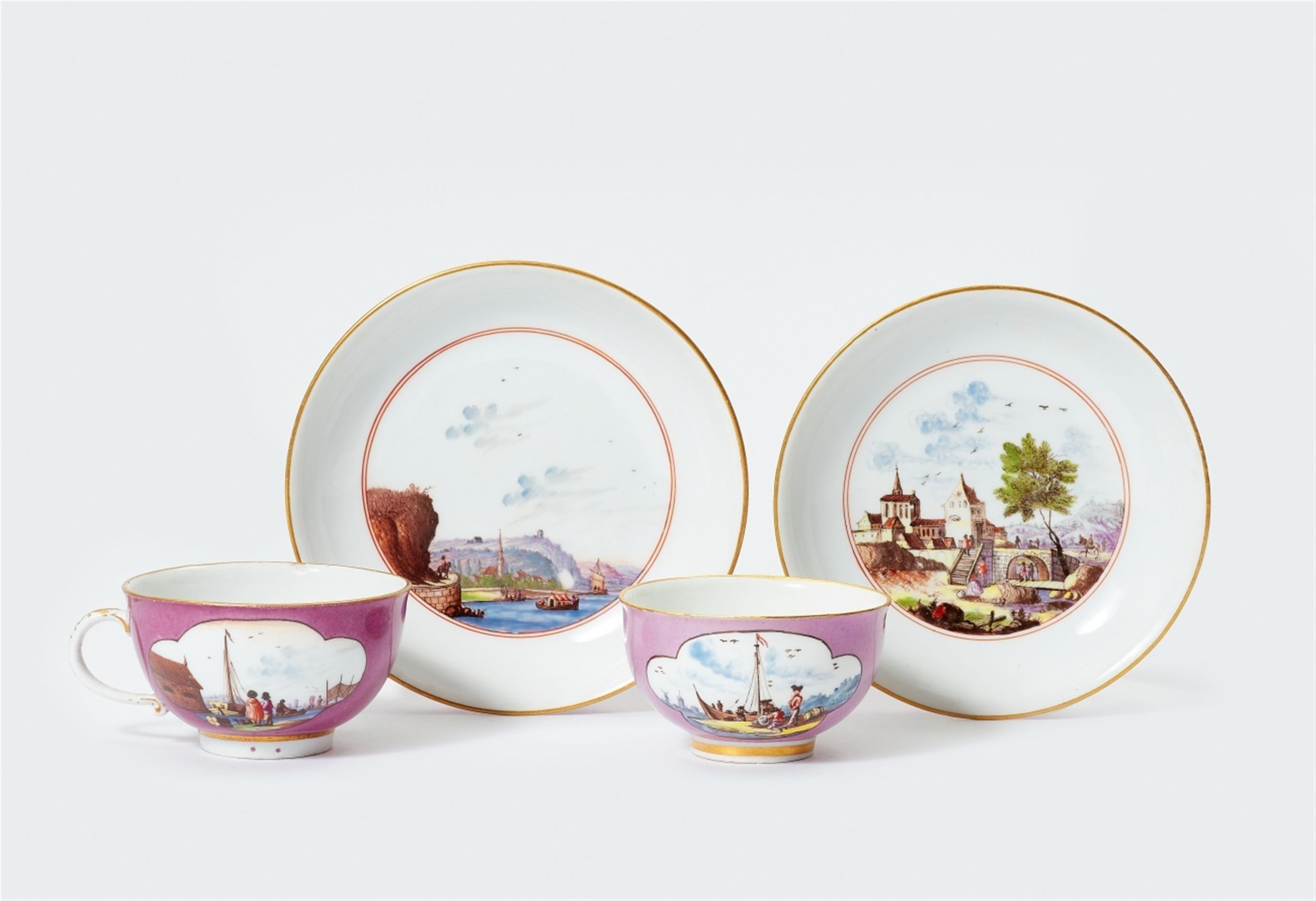 Four items of Meissen porcelain with water landscapes and coloured grounds - image-1