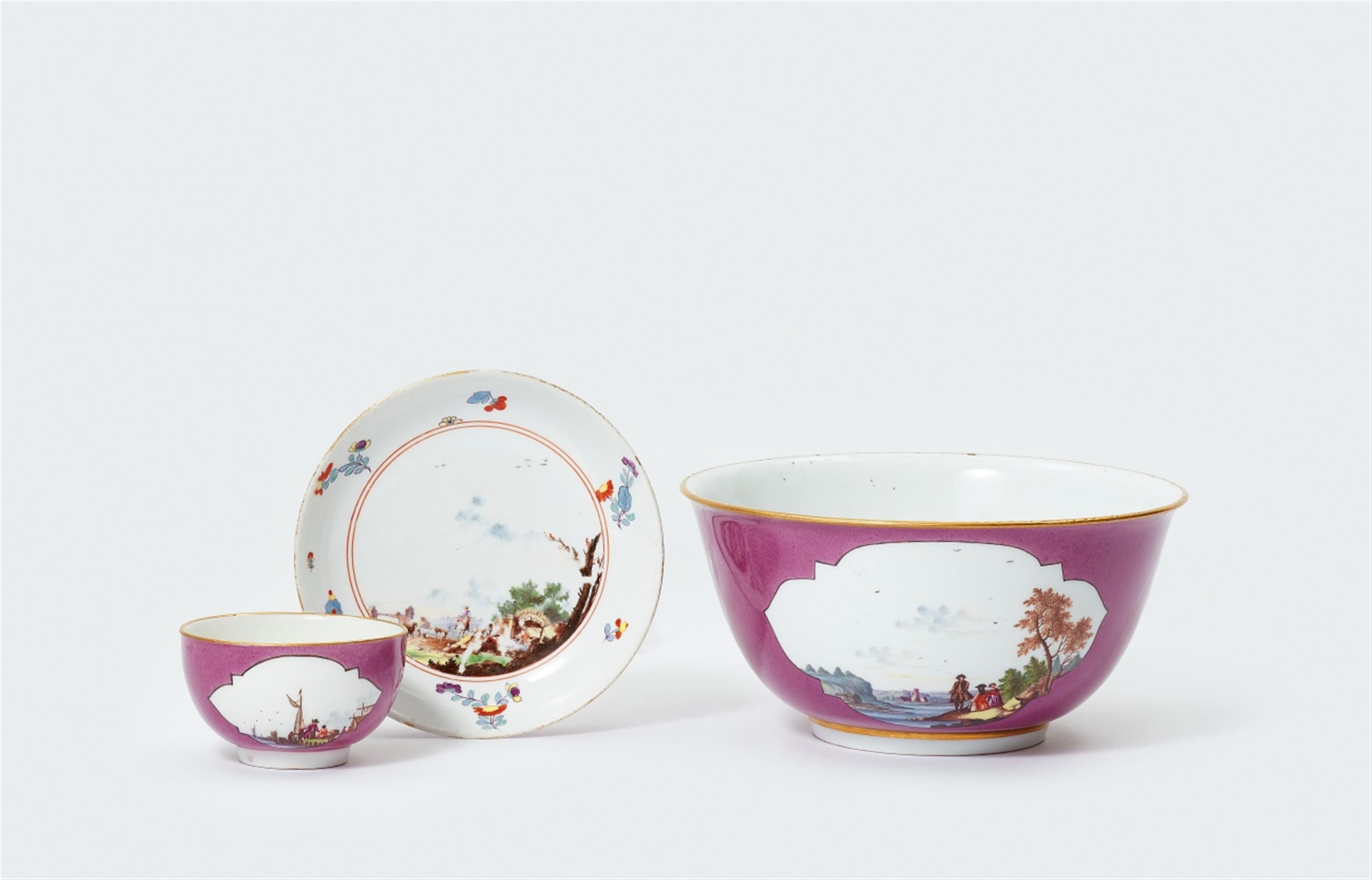 A Meissen porcelain slop bowl, tea bowl and saucer with purple ground - image-1