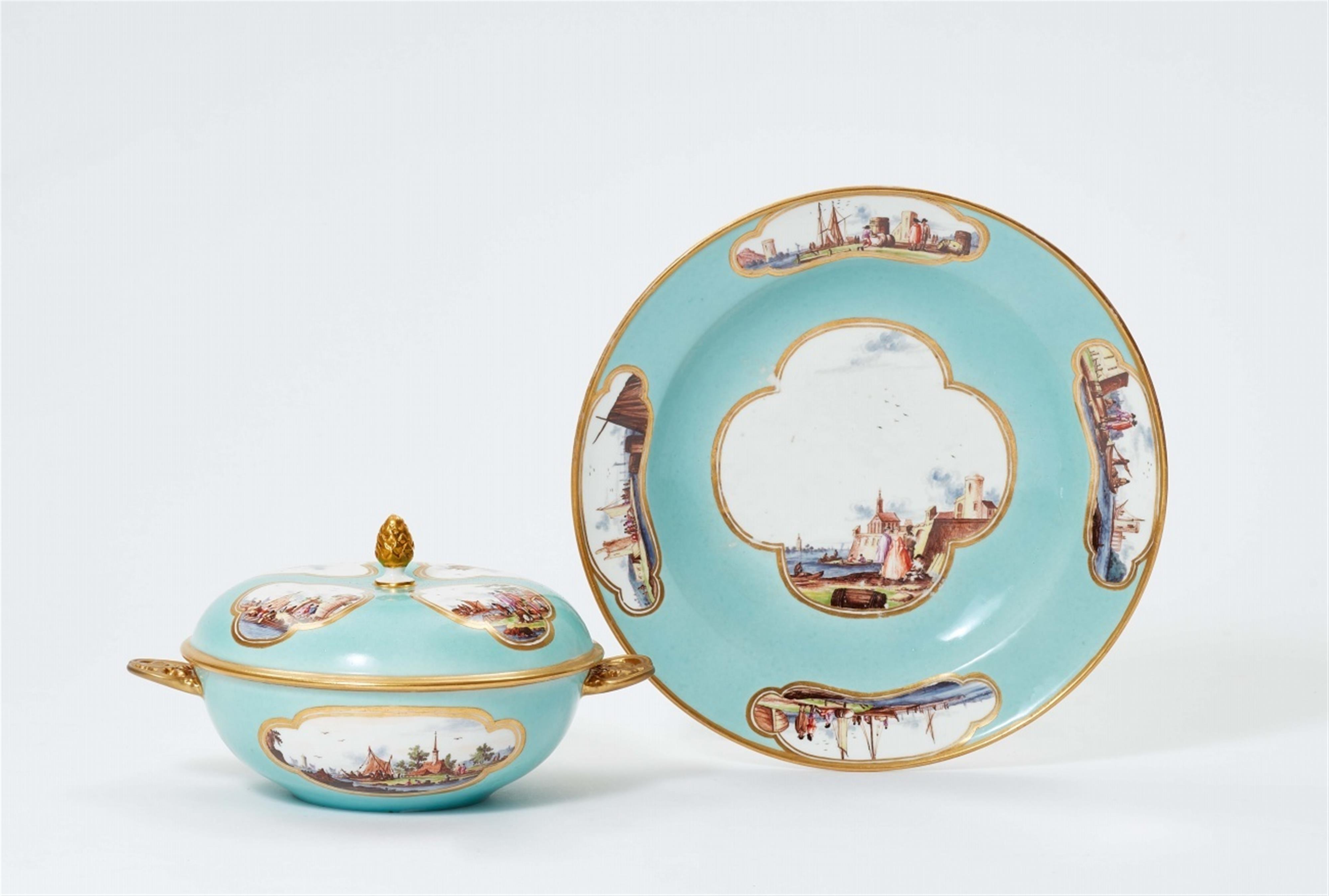 A Meissen porcelain ecuelle and stand with merchant navy scenes - image-1