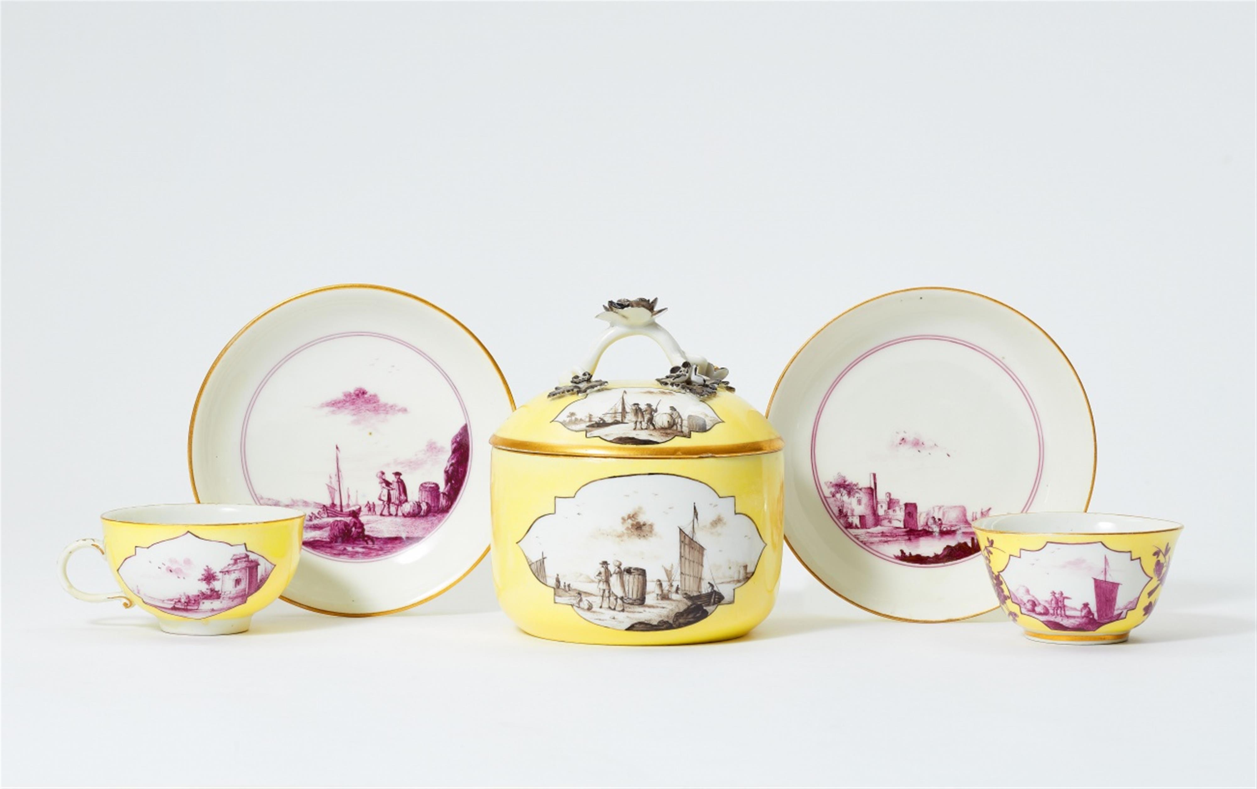 Five items of Meissen porcelain with yellow ground and camaieu decor - image-1
