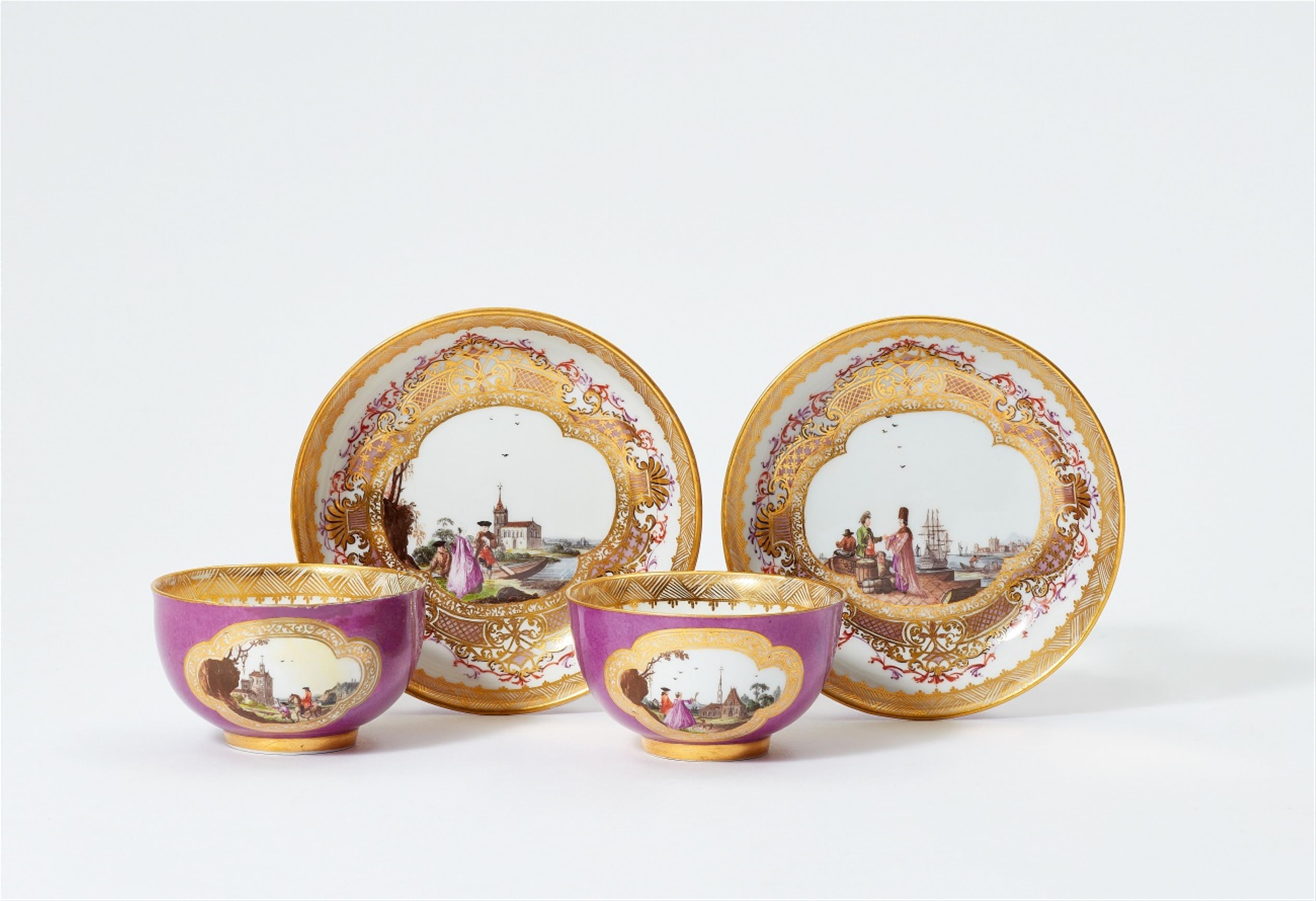 A pair of magnificently painted Meissen porcelain tea bowls and saucers with purple ground - image-1
