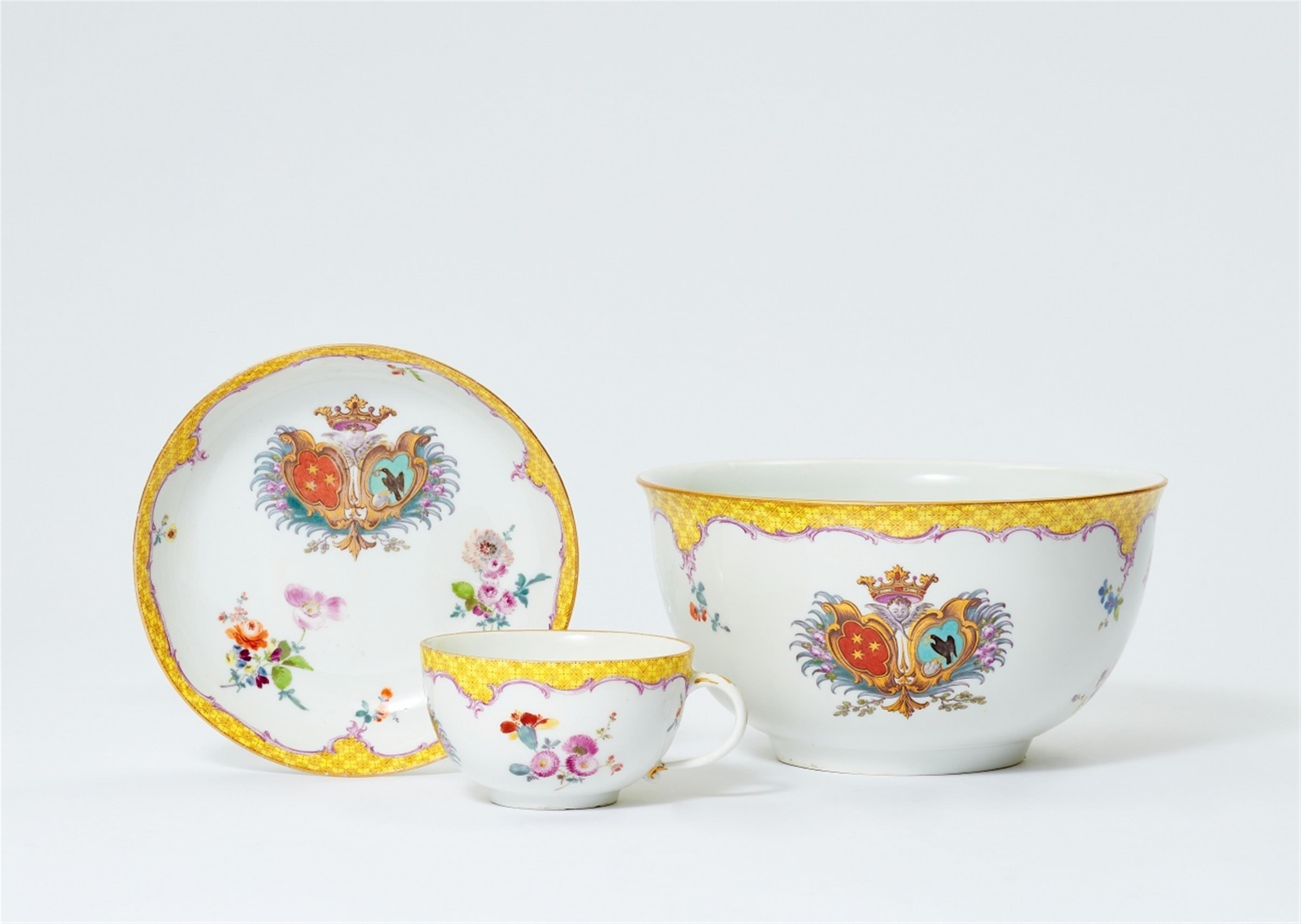 A Meissen porcelain slop bowl, cup and saucer from a heraldic service - image-1