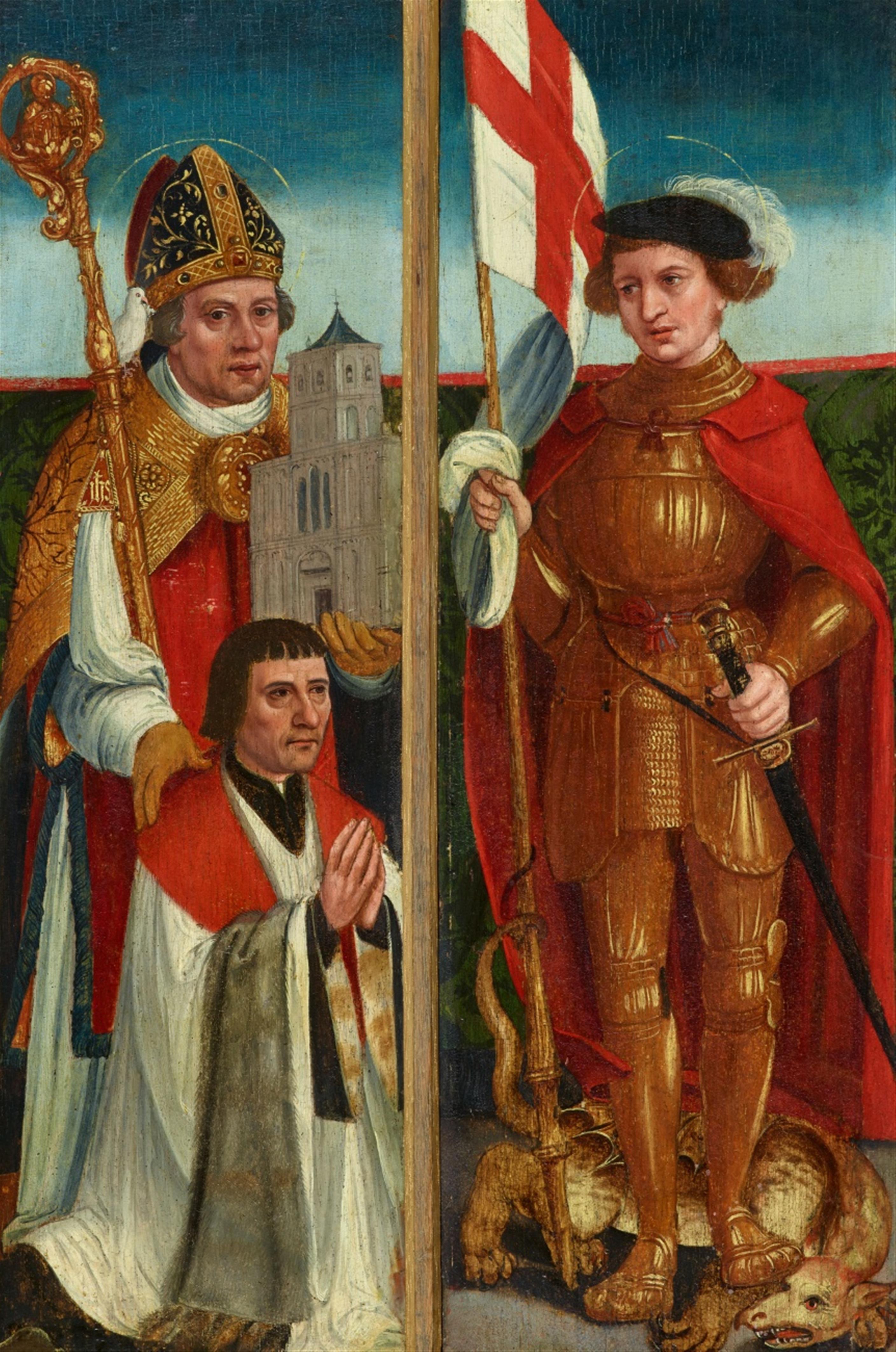 Upper Rhine-Region circa 1500 - Two Altarpiece Panels: Holy Bishop with a Church and Donor / Saint George - image-1
