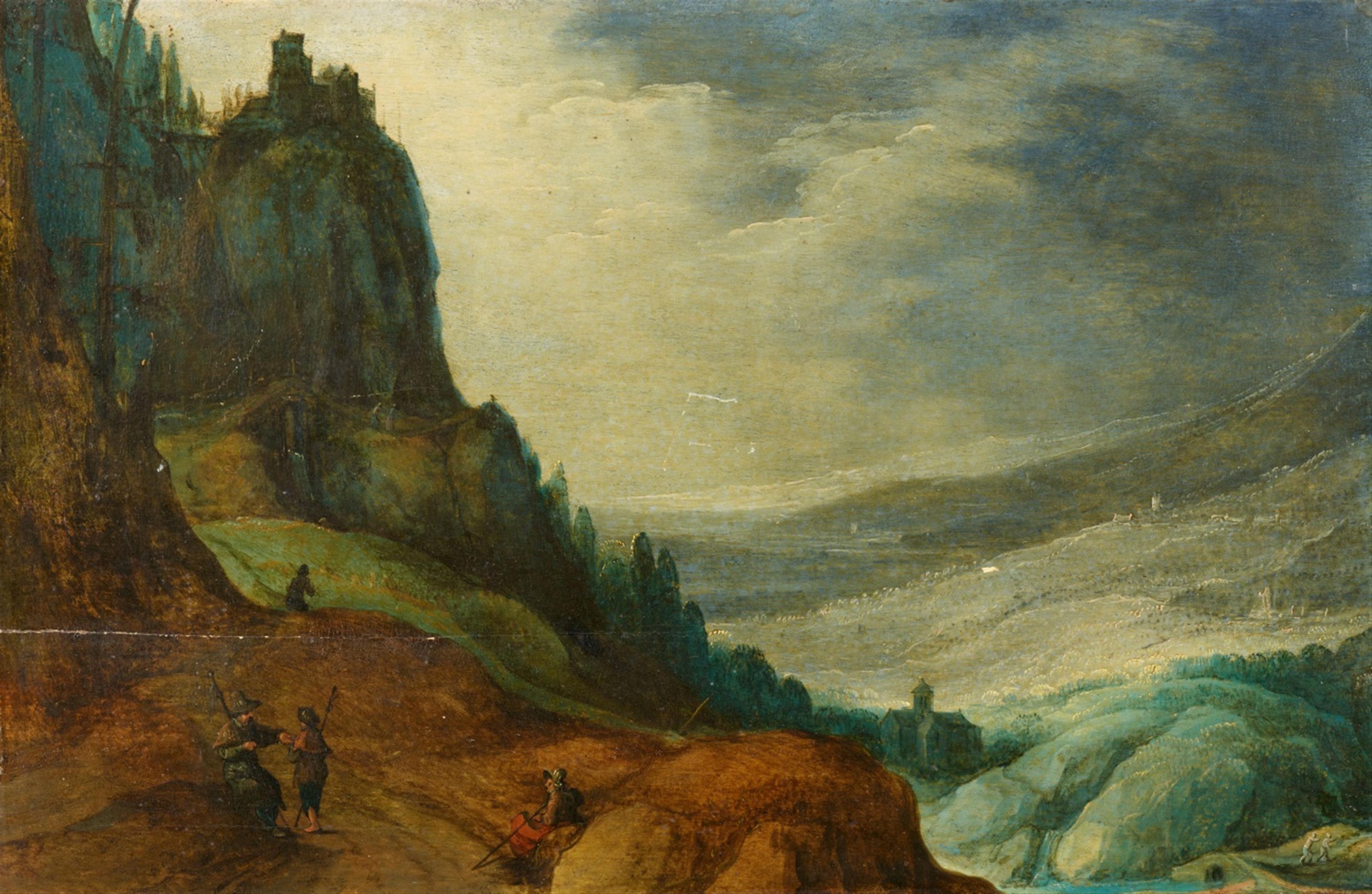 Joos de Momper - Mountain Landscape with a Church and Travellers - image-1