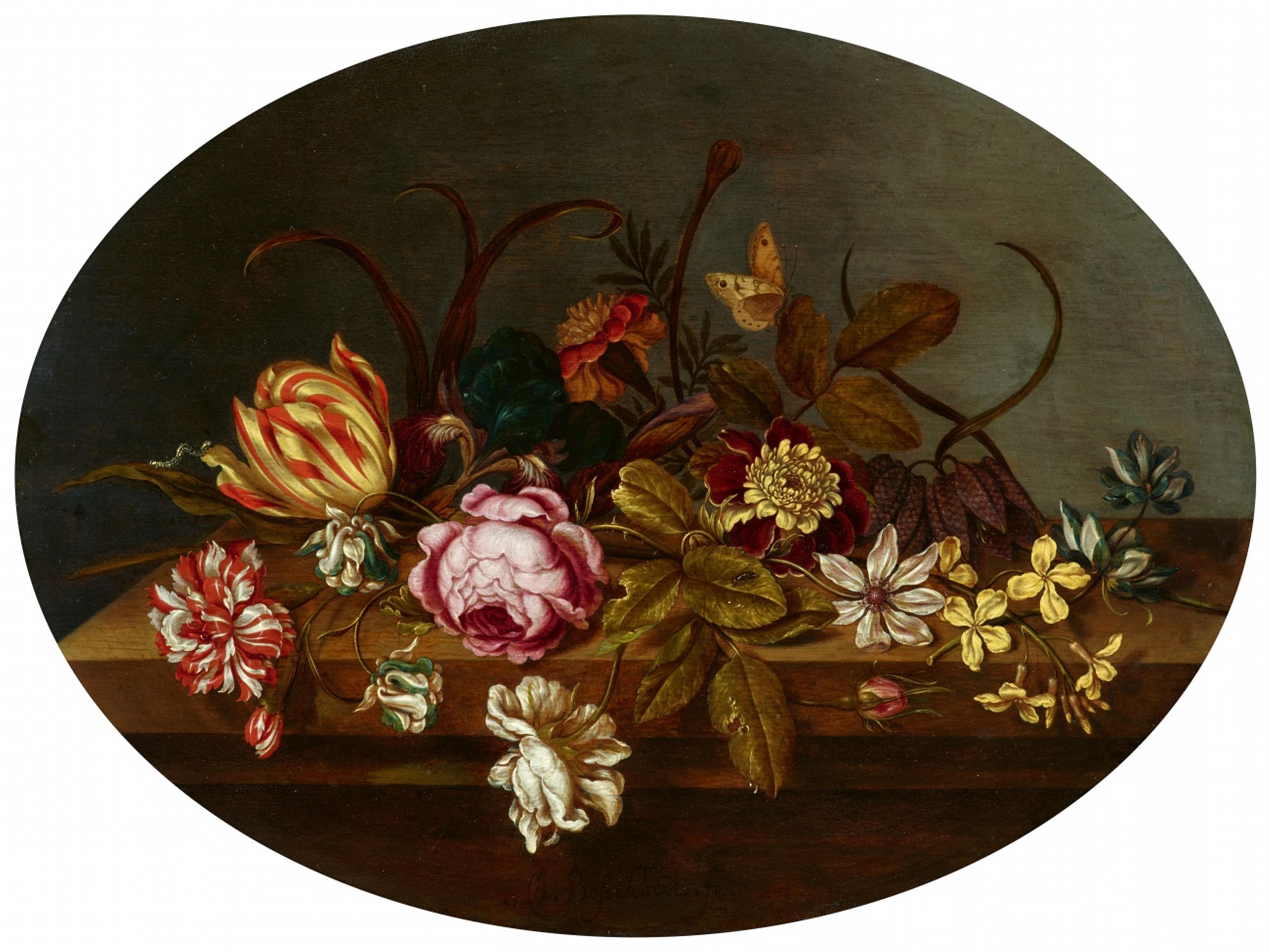 Ambrosius Bosschaert d. J. - Rose, Tulpe, Iris und andere Blüten mit Raupe und Schmetterling auf einer Tischplatte - image-1