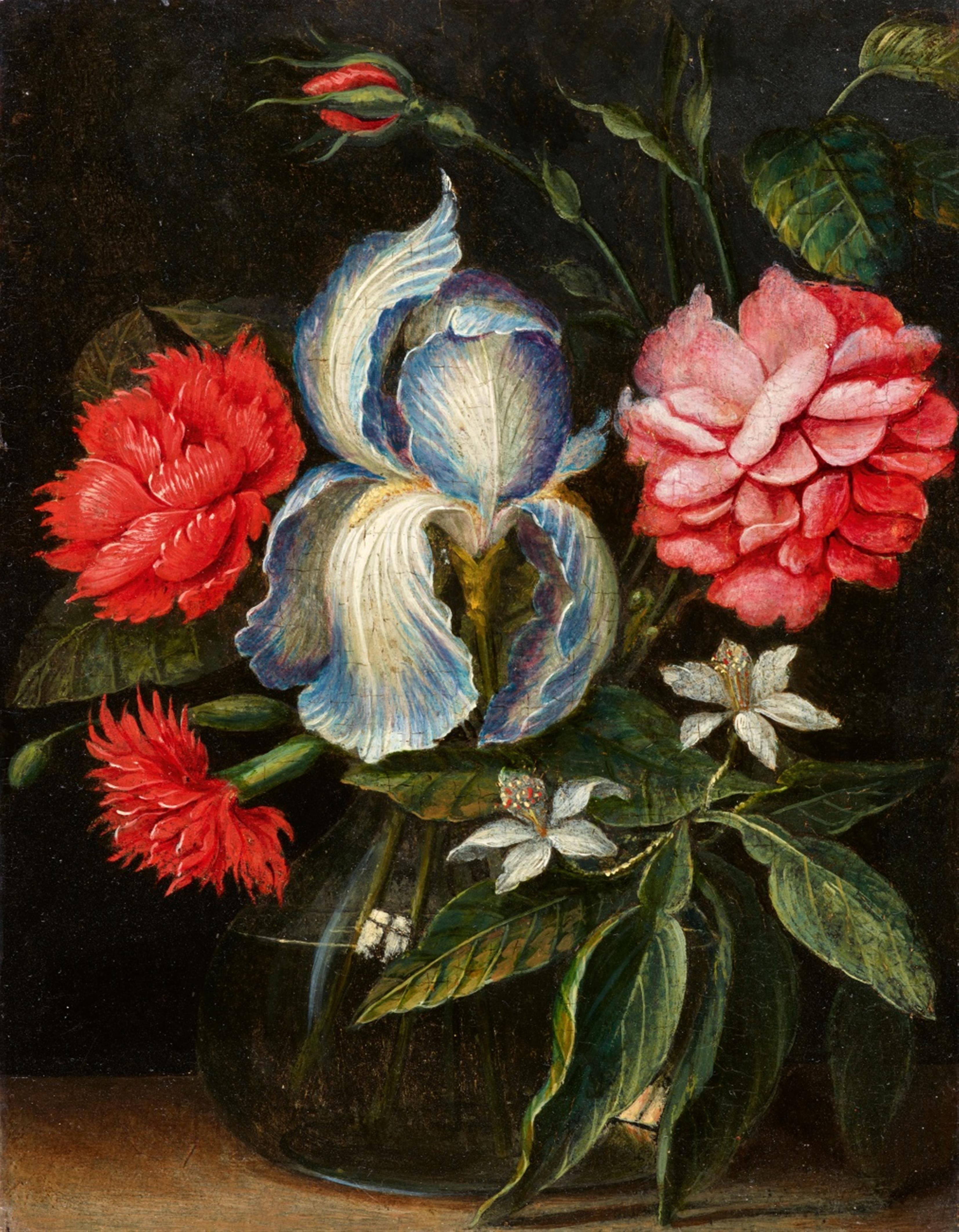 Flemish School 17th century - Iris, Rose, Carnations and a Citrus Branch in a Glass Vase - image-1