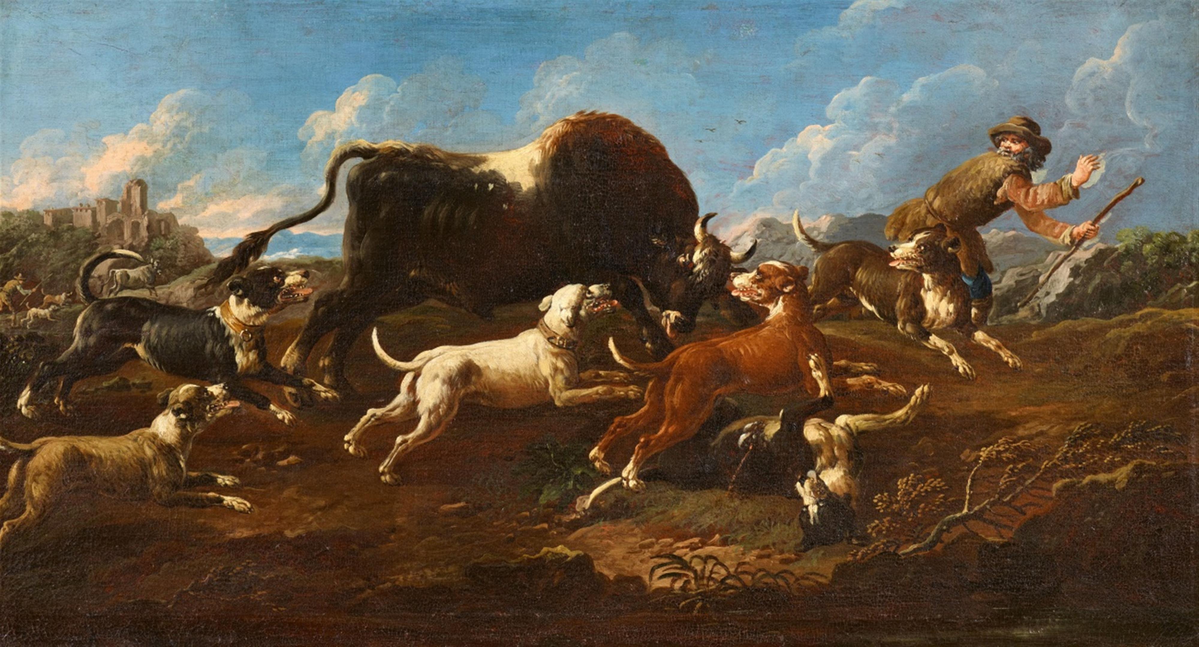 Philipp Peter Roos, called Rosa Da Tivoli - White deer hunt
Dogs hunting a bull
Shepherd with herd, a lamb and a horse
Herds with a resting shepherd
Herden mit einem ruhenden Schäfer - image-2