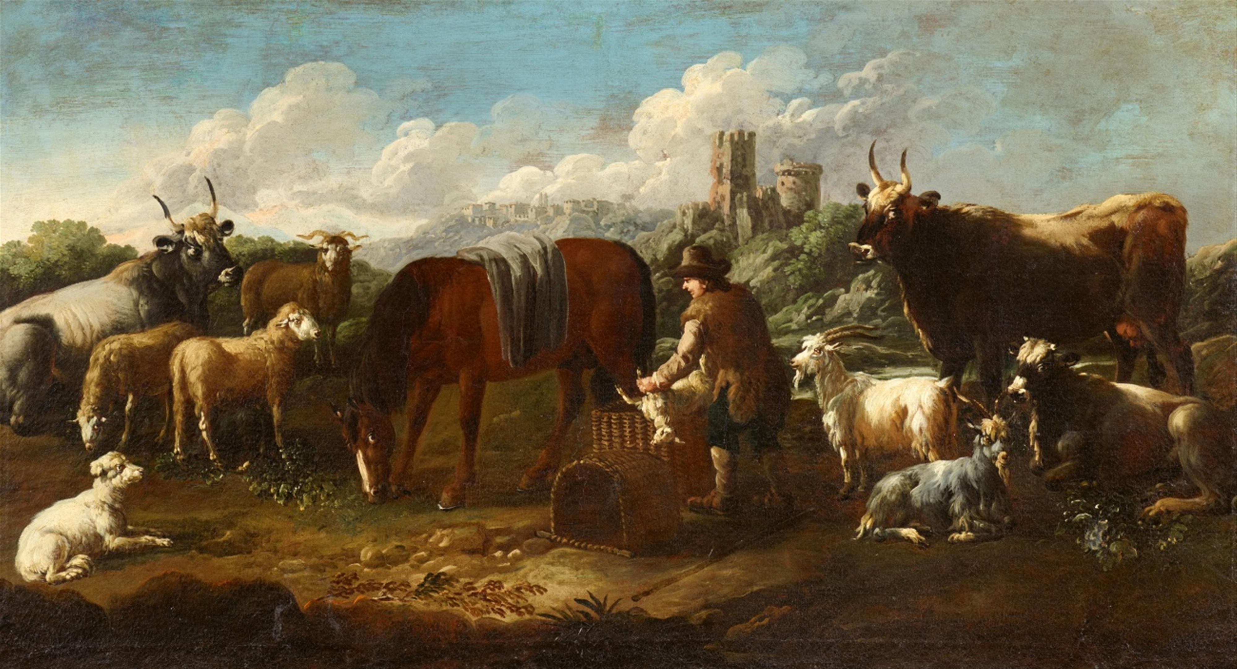 Philipp Peter Roos, called Rosa Da Tivoli - White deer hunt
Dogs hunting a bull
Shepherd with herd, a lamb and a horse
Herds with a resting shepherd
Herden mit einem ruhenden Schäfer - image-3