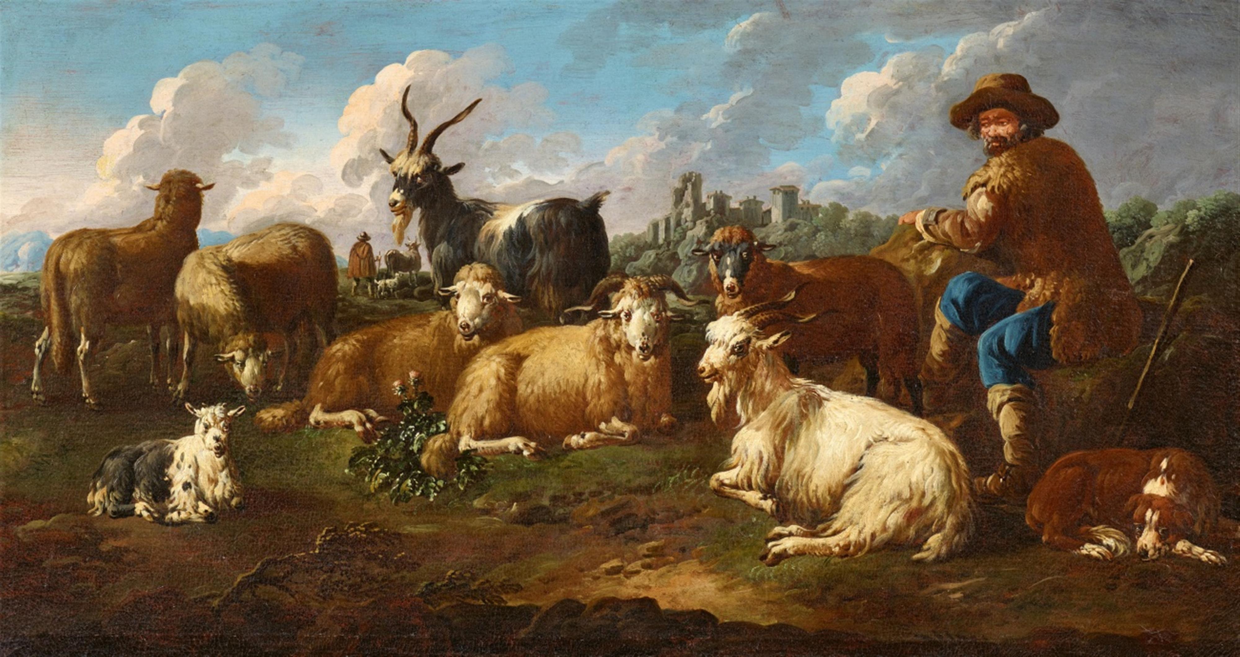 Philipp Peter Roos, called Rosa Da Tivoli - White deer hunt
Dogs hunting a bull
Shepherd with herd, a lamb and a horse
Herds with a resting shepherd
Herden mit einem ruhenden Schäfer - image-4