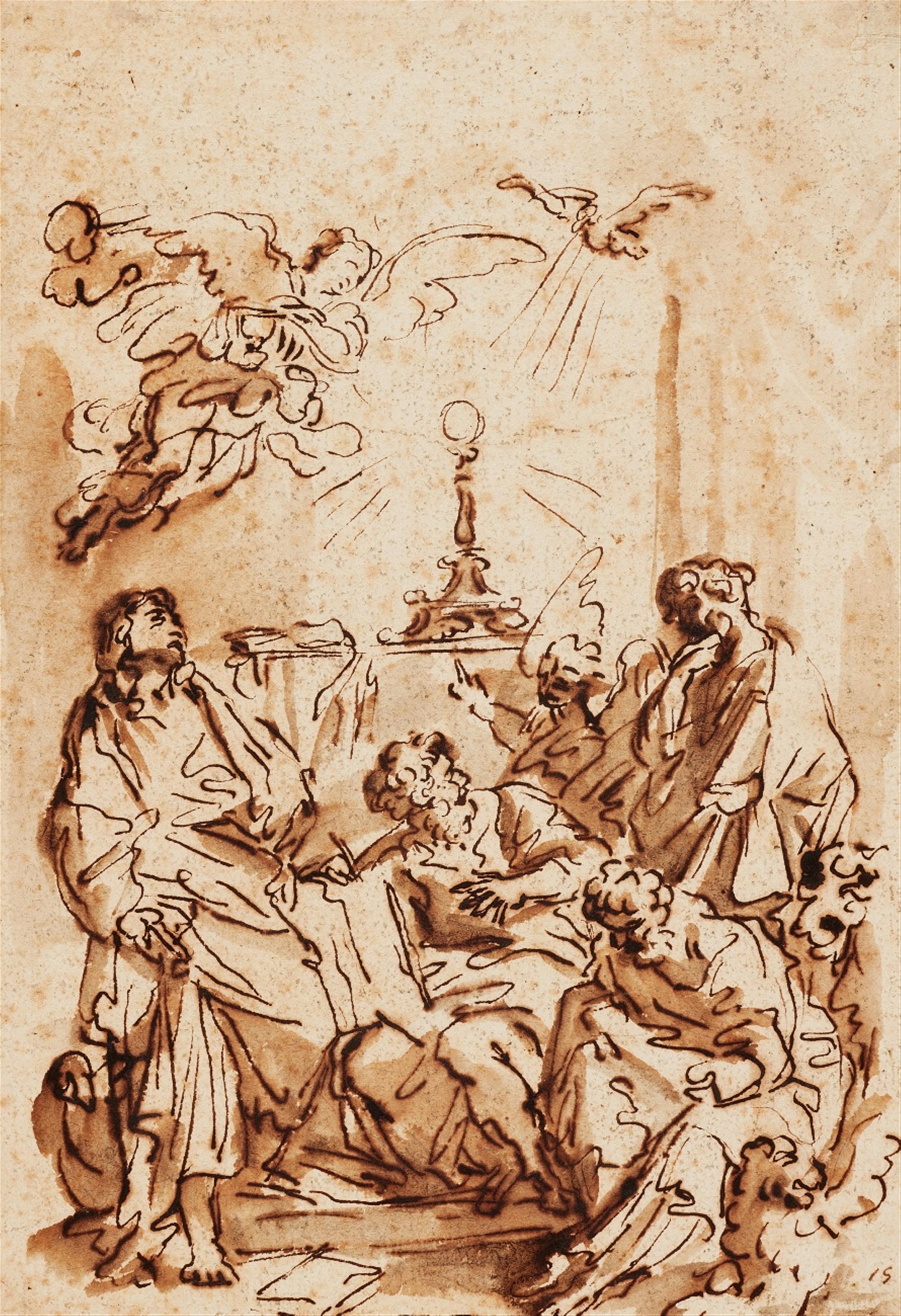 Carlo Maratta, zugeschrieben - Vier Heilige und zwei Engel an einem Altar mit der Hostie Christi - image-1