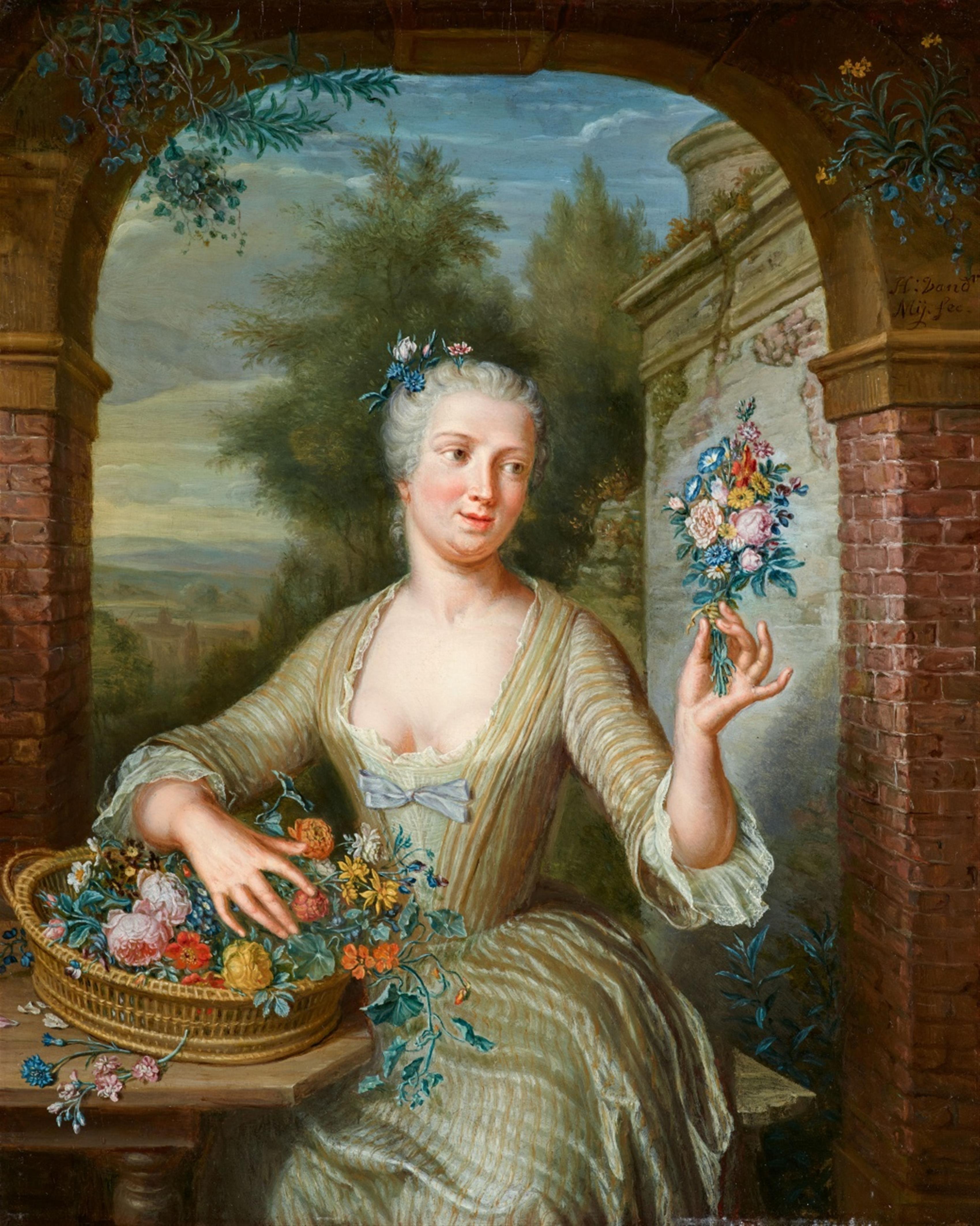 George van der Mijn - Young Lady with a Basket of Flowers by an Arch - image-1
