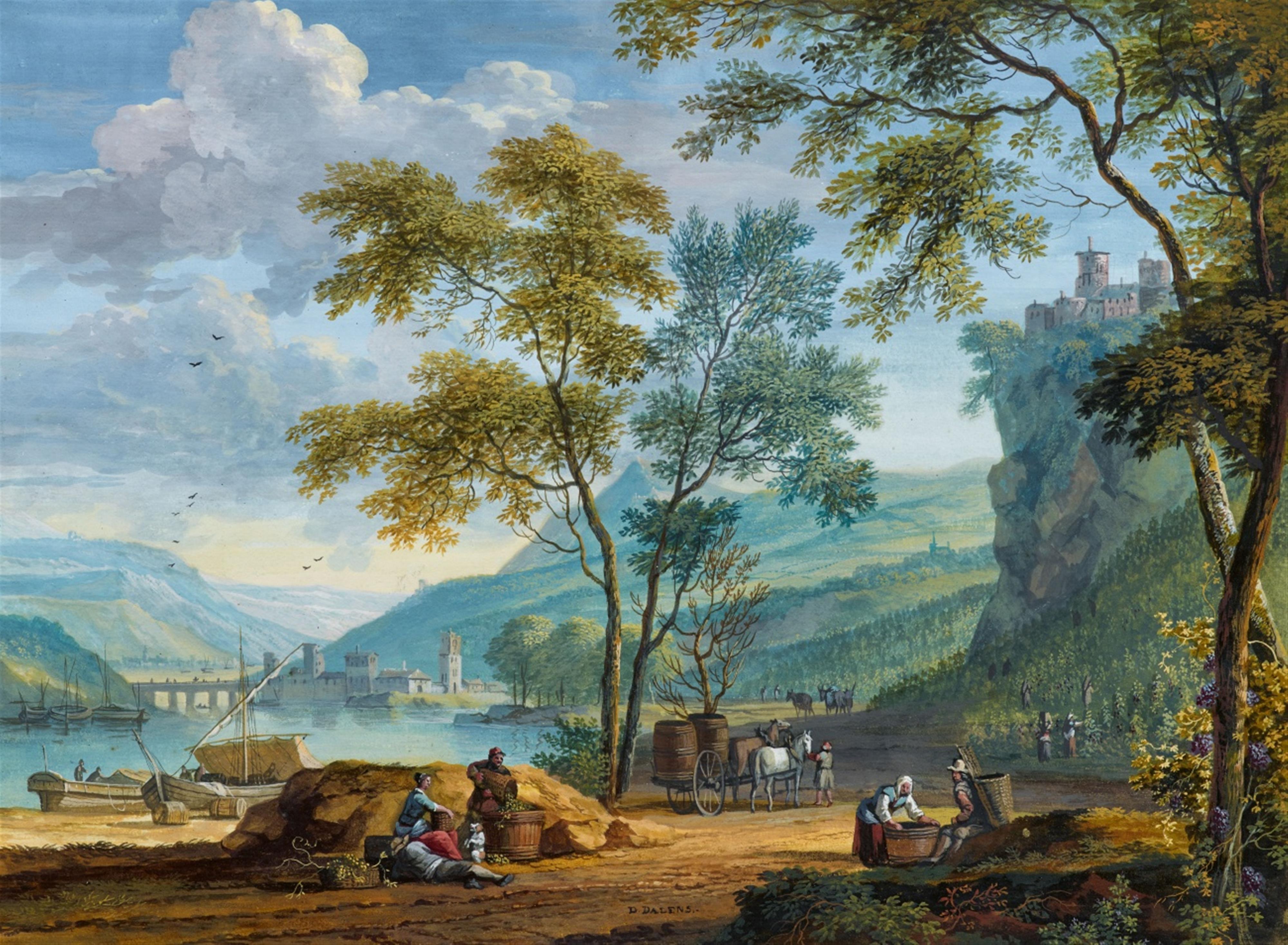 Dirck Dalens III - River Landscape in South Tirol or Northern Italy with Vineyards and Grape Pickers - image-1