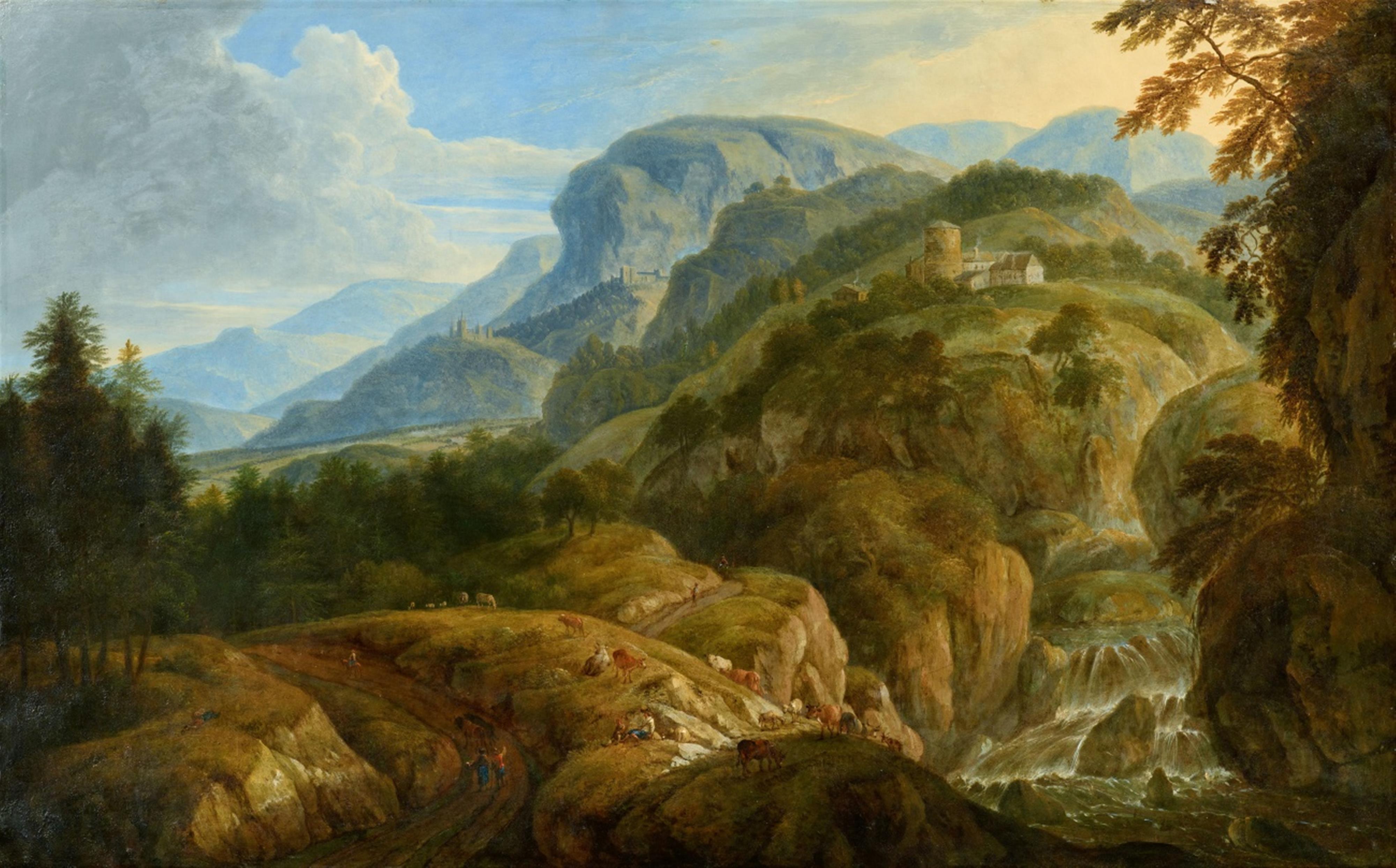 German School circa 1800 - Mountain Panorama with Figures and Architecture - image-1