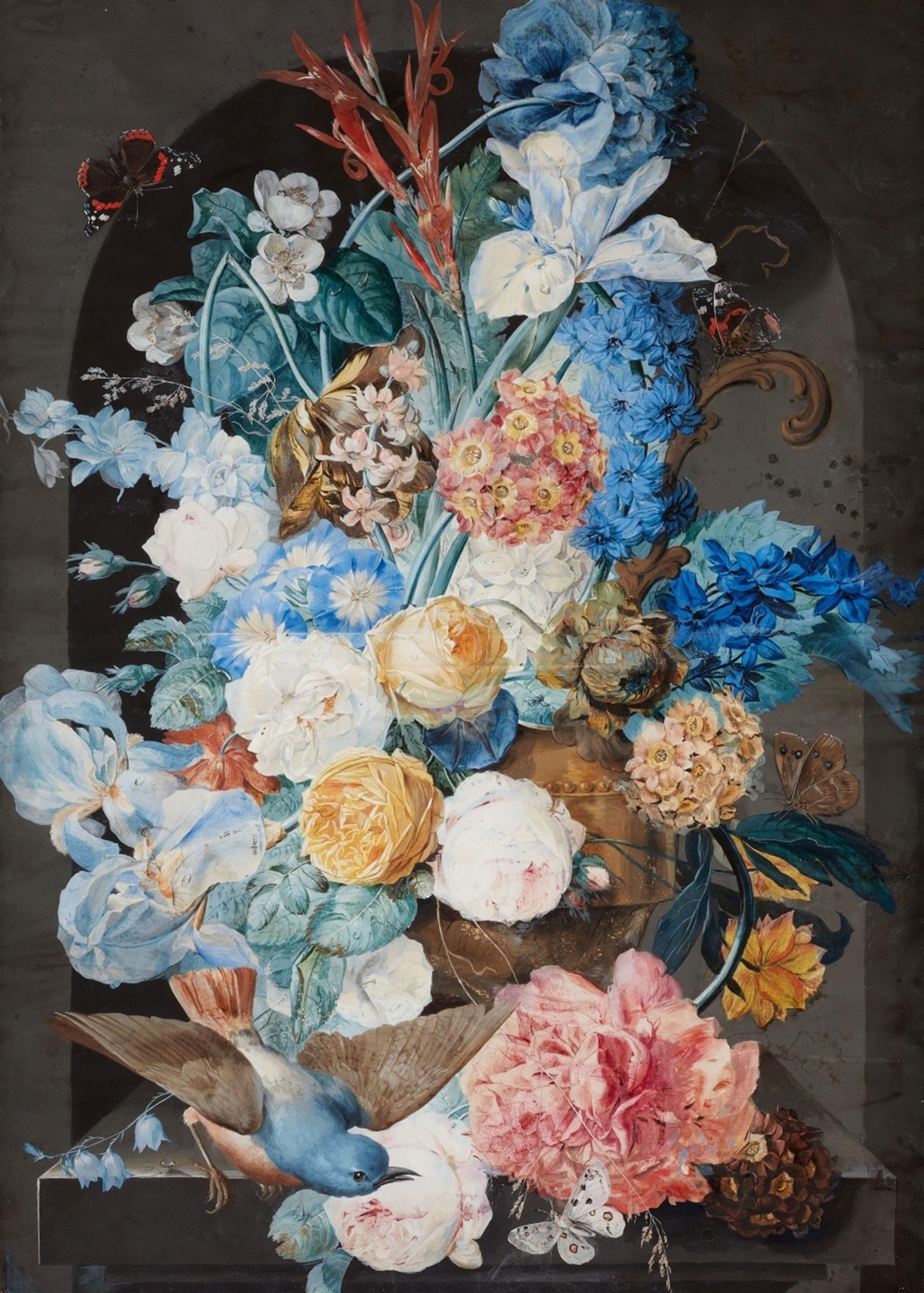 Franz Xaver Petter - Vase mit Blüten in einer Nische, Schmetterling und Blaufink - image-1