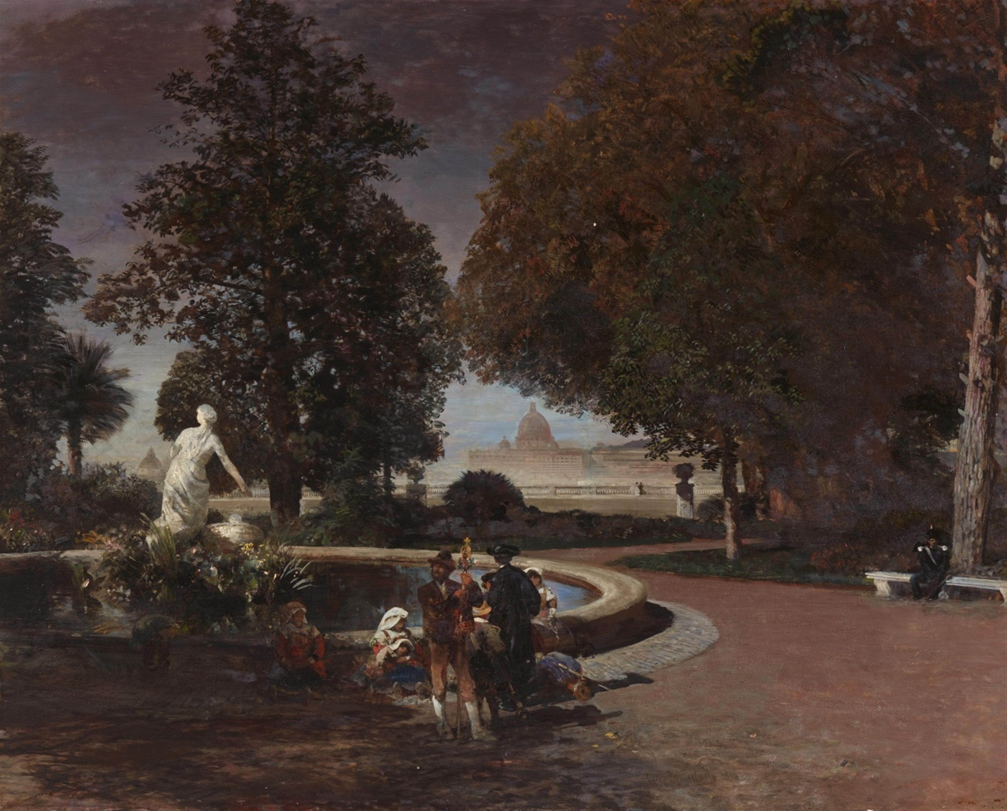 Oswald Achenbach - Abends im Park der Villa Borghese mit Blick auf Sankt Peter - image-1