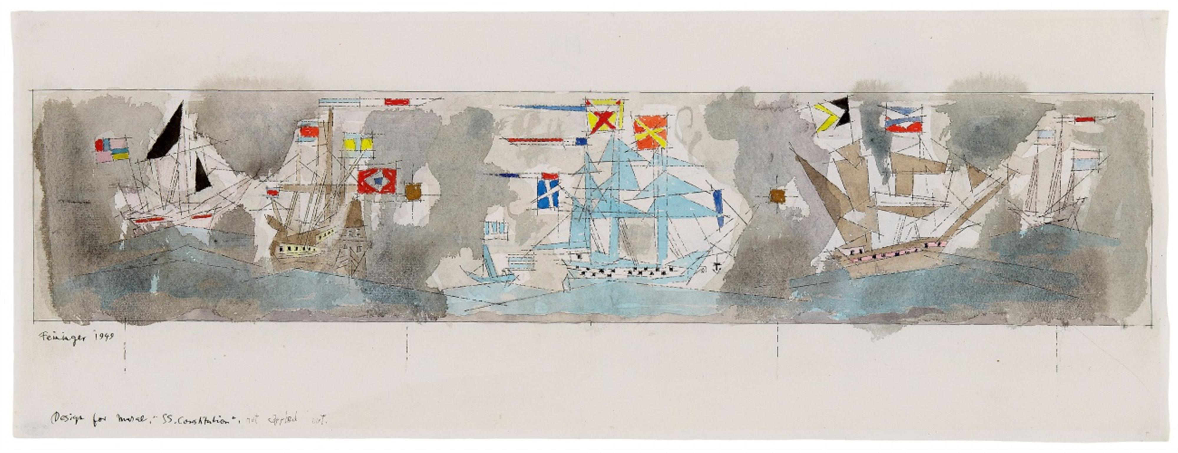 Lyonel Feininger - Design for Mural "SS Constitution". Verso: Segelschiffe und Kreuzer. - image-1