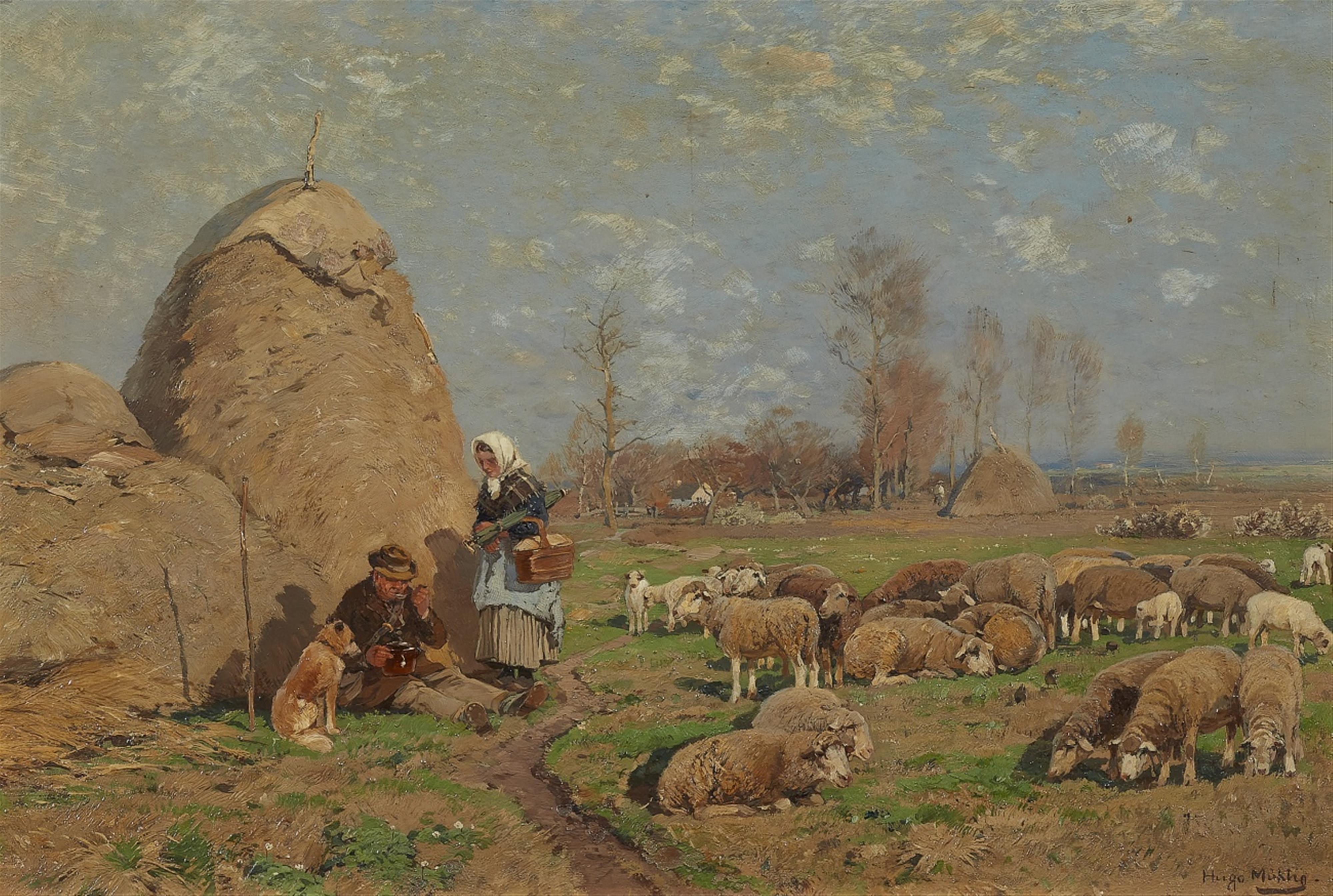 Hugo Mühlig - Summer Landscape with a Peasant Couple and a Herd of Sheep - image-1