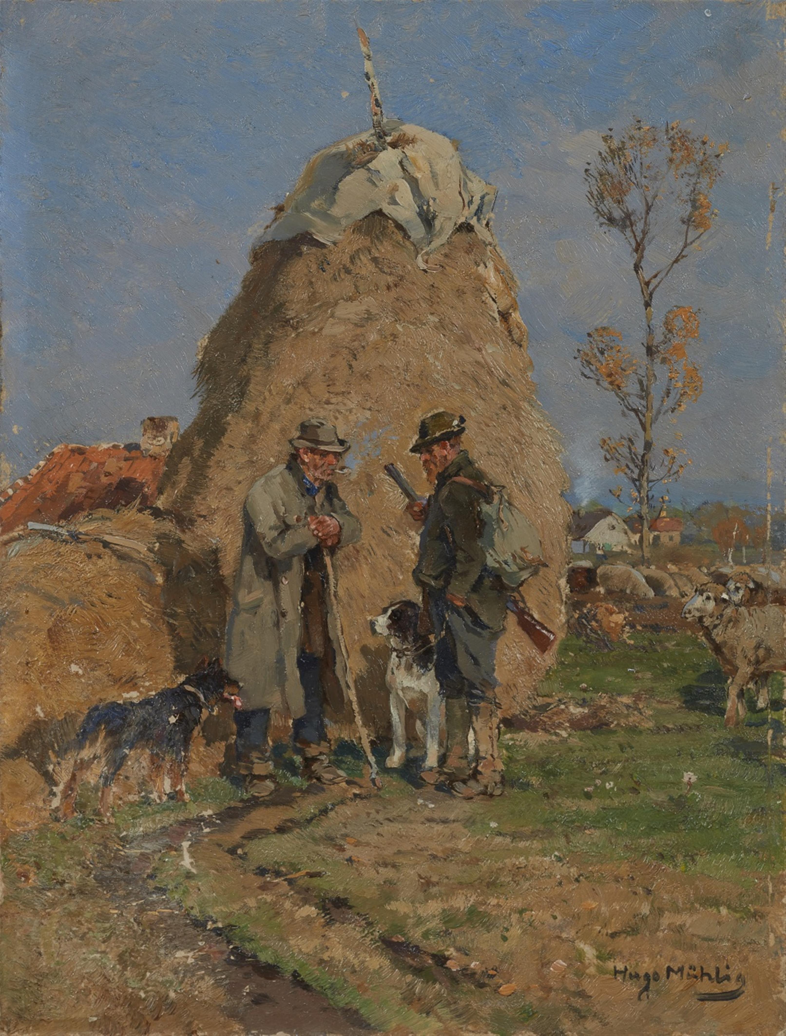 Hugo Mühlig - Shepherd and a Hunter by a Haystack - image-1