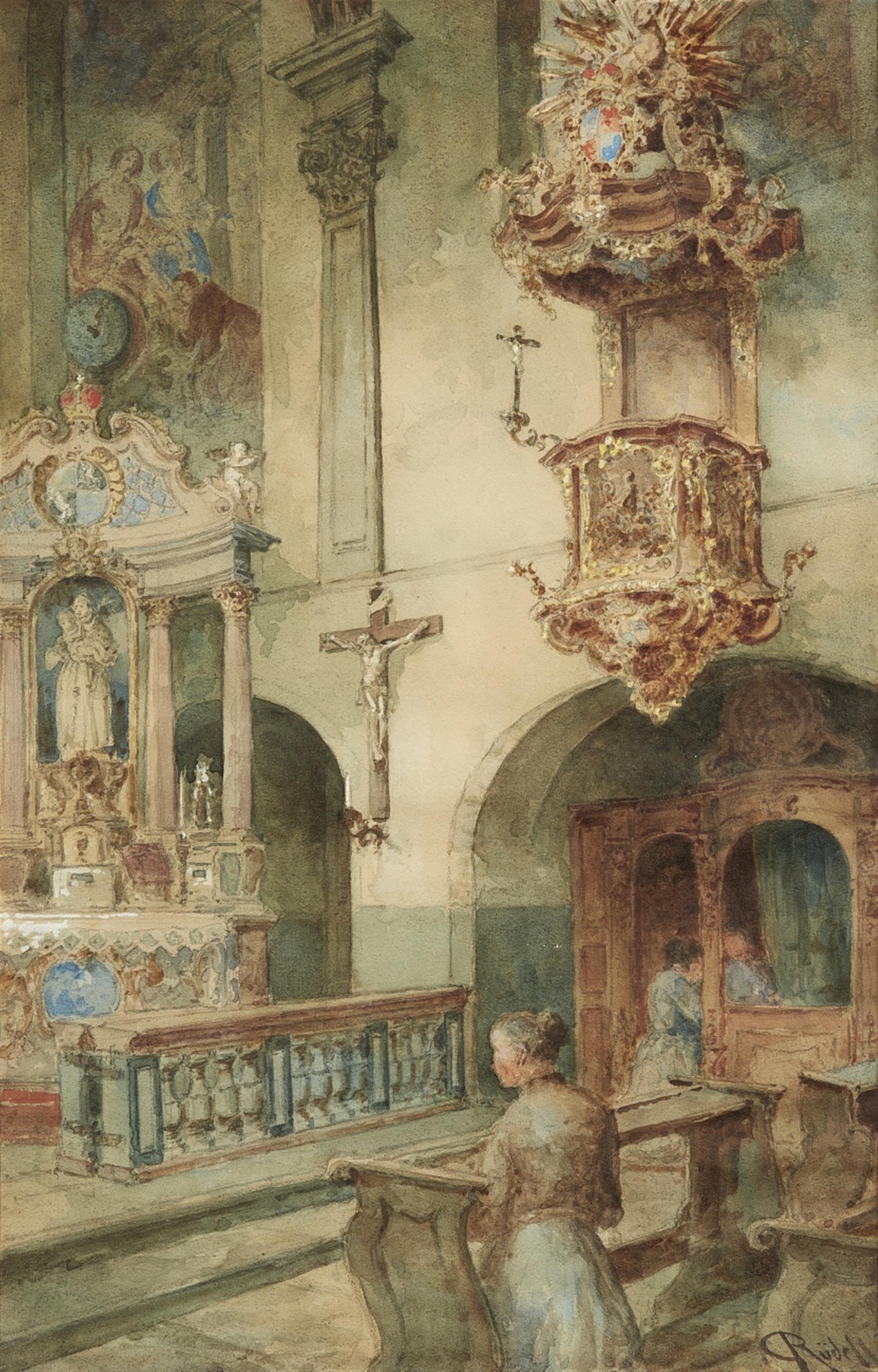 Carl Rüdell - Church Interior with a Praying Woman and a Confessional - image-1