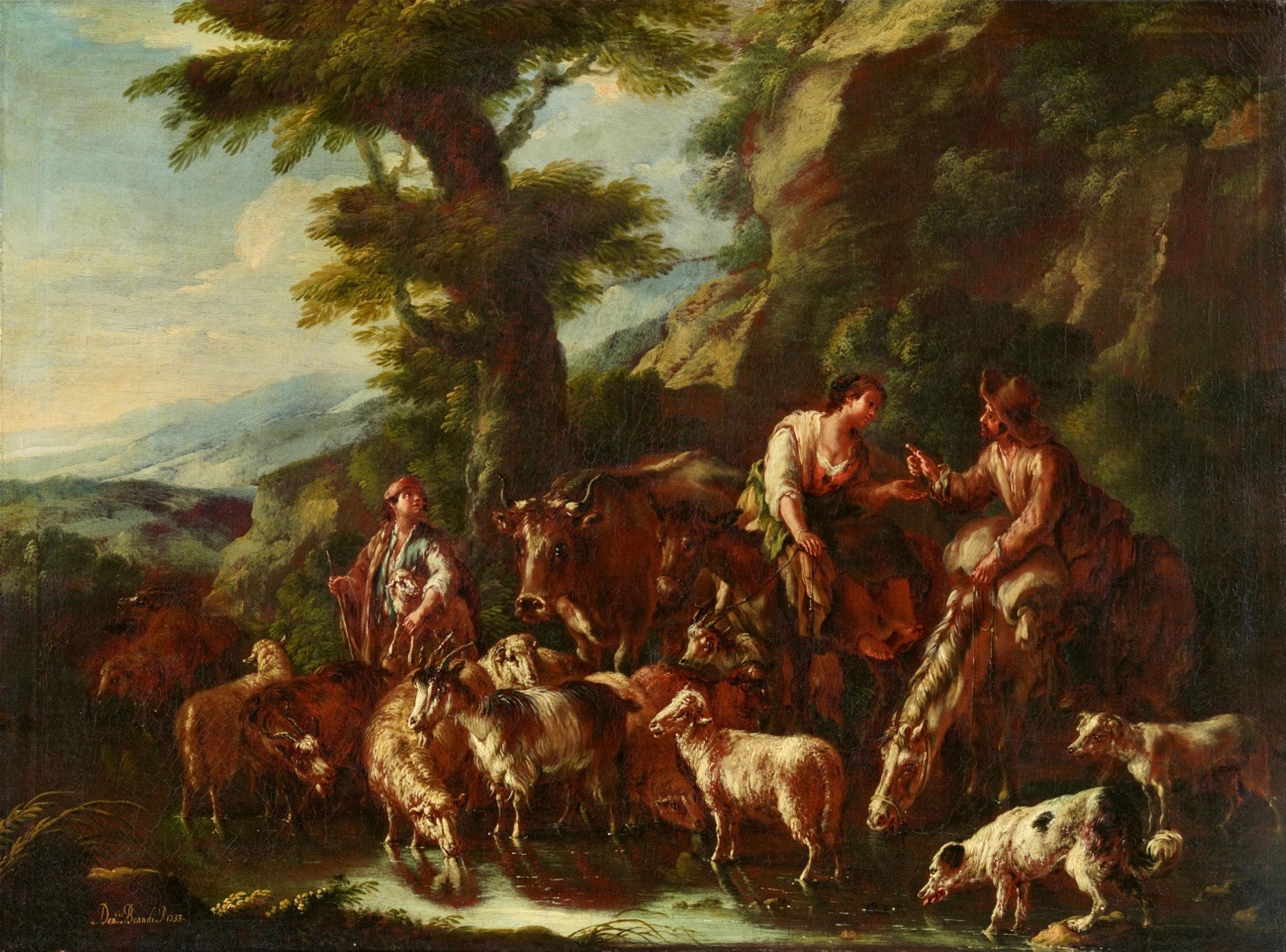 Domenico Brandi - Hirten und Schäferin mit einer Herde an der Tränke - image-1
