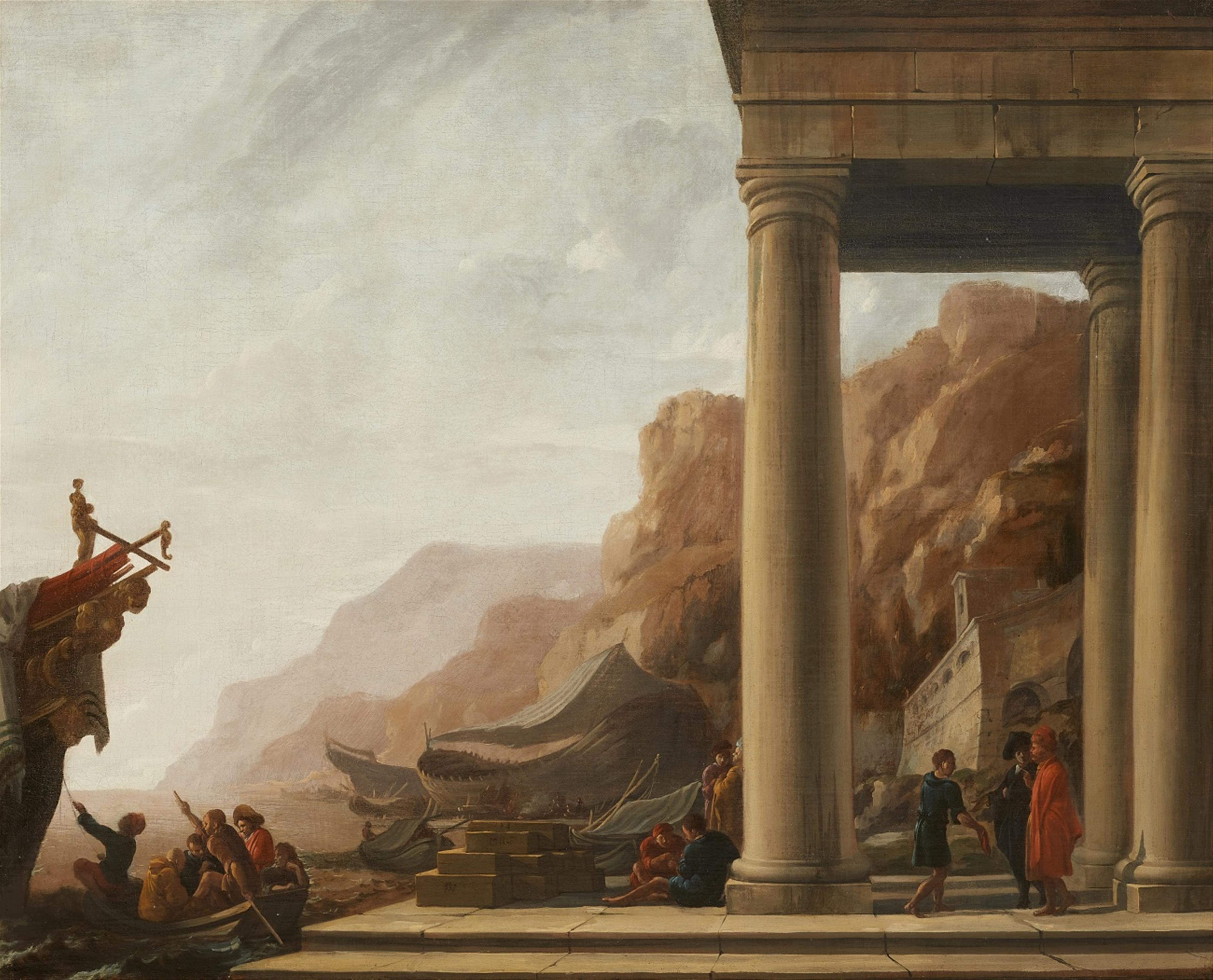 Monogrammist JW - Fanciful Harbour Scene with Merchants and Sailors - image-1