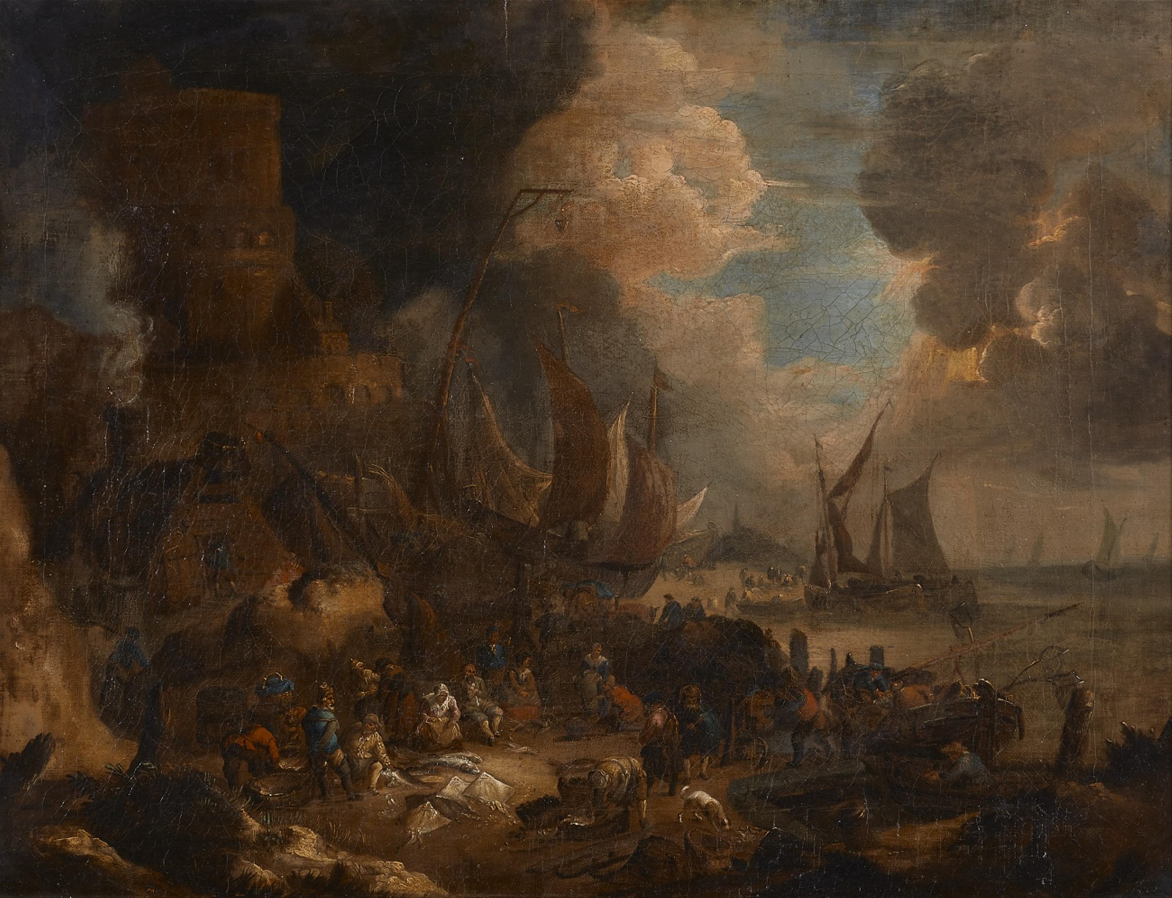 Niederländischer Meister um 1700 - Uferlandschaft mit Fischmarkt - image-1