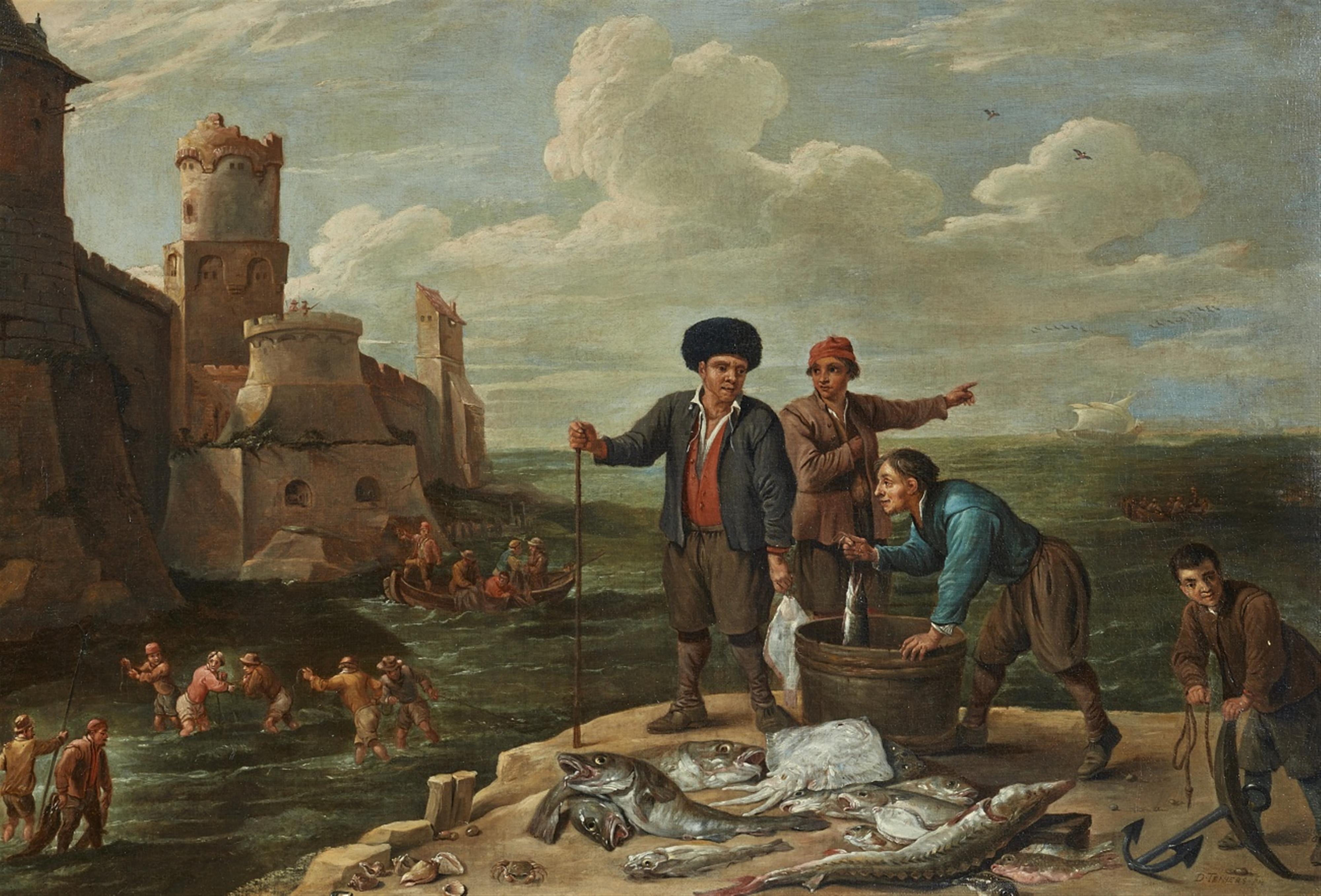 David Teniers the Younger, copy after - Southern Coastal Landscape with Boats Unloading and Fishmongers - image-1