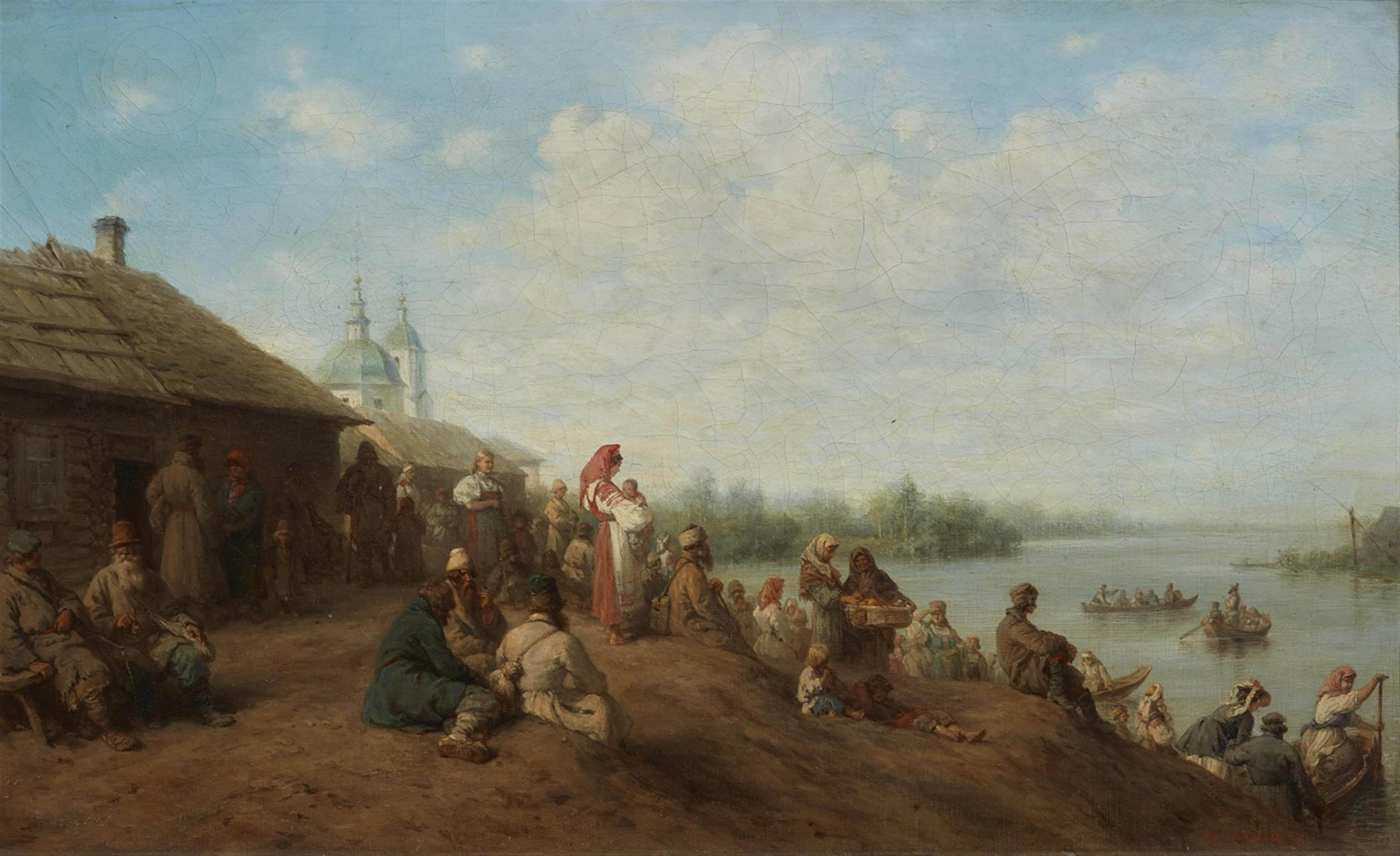 Wilhelm Amandus Beer - Landschaft an einem Fluss mit Dorf und Fährbooten - image-1