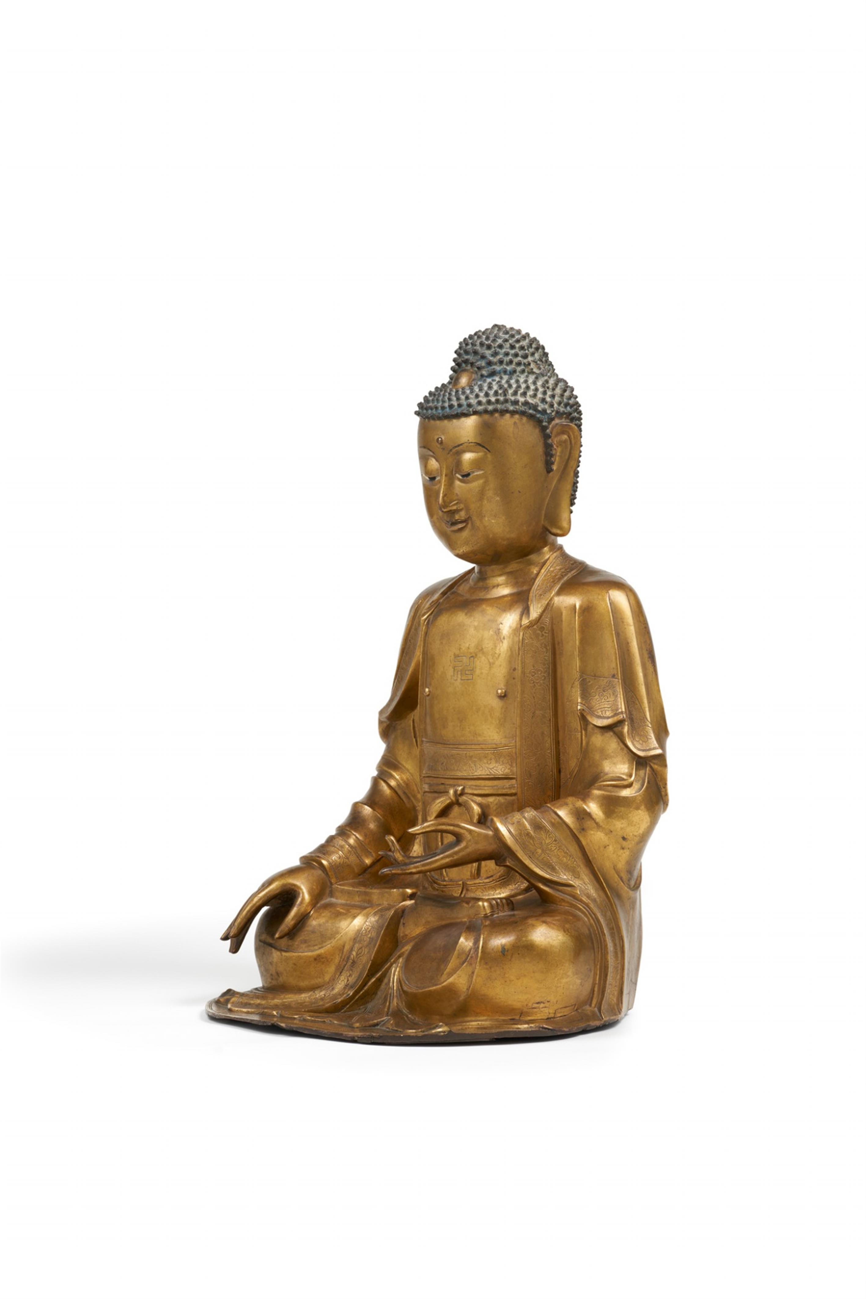 Große vergoldete Bronze Figur des Buddha Shakyamuni. 17./18. Jh. - image-7