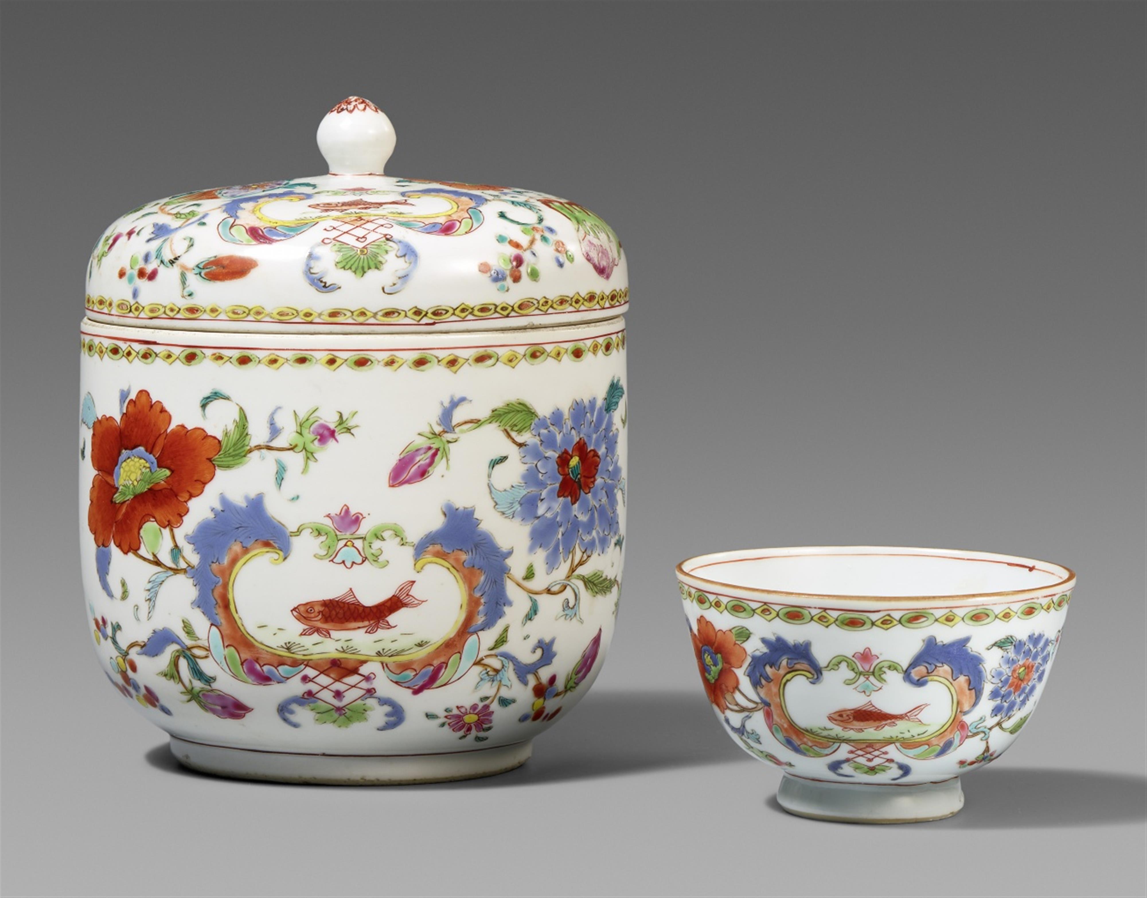 A famille rose covered bowl and cup from the Madame de Pompadour service. Around 1745 - image-1