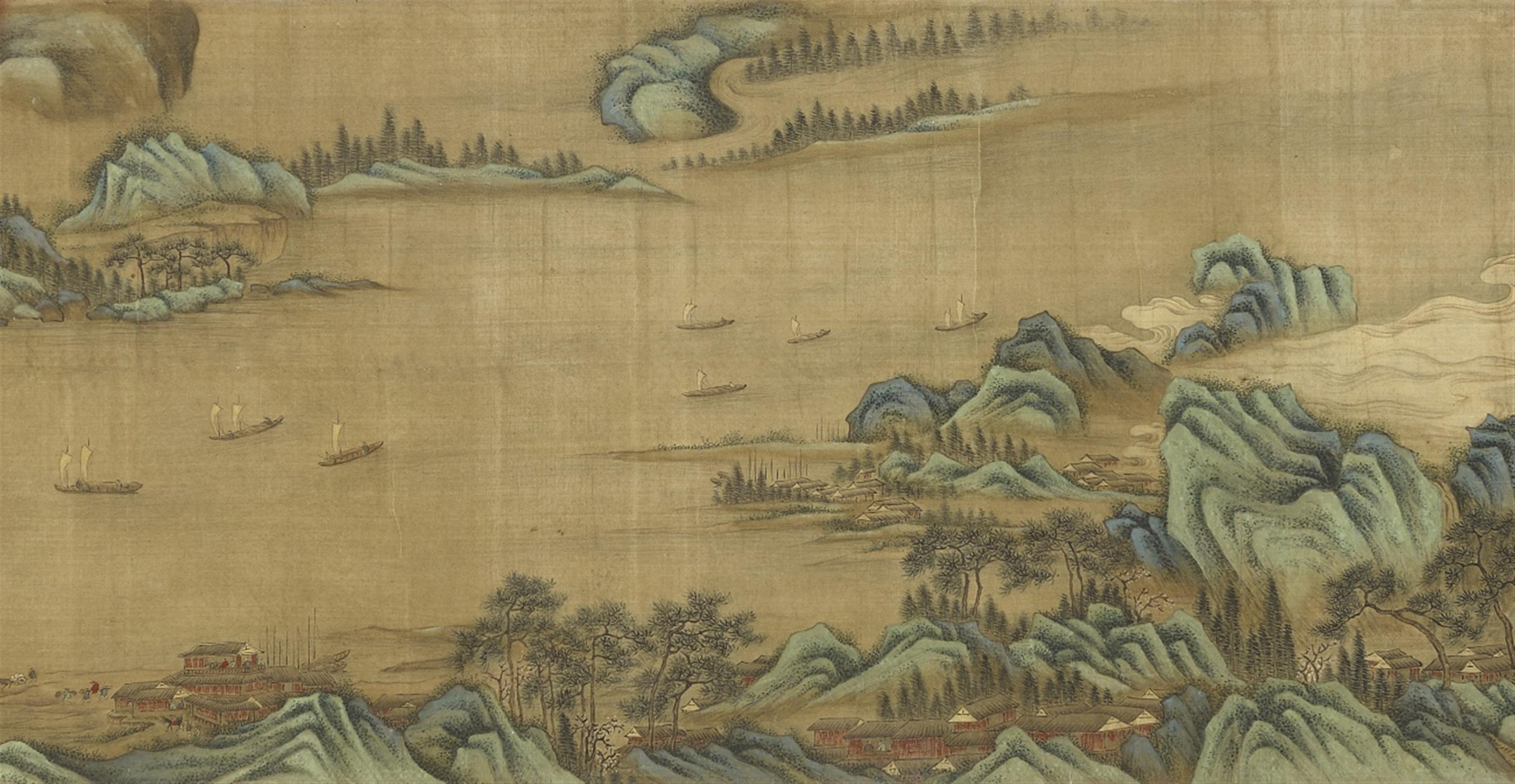 After Qiu Ying - After Qiu Ying and Wen Zhengming. River landscape in blue-green style. Horizontal scroll. Ink and colours on paper. Inscribed Shifu Qiu Ying zhi and sealed Shizhou. Colophon ins... - image-1