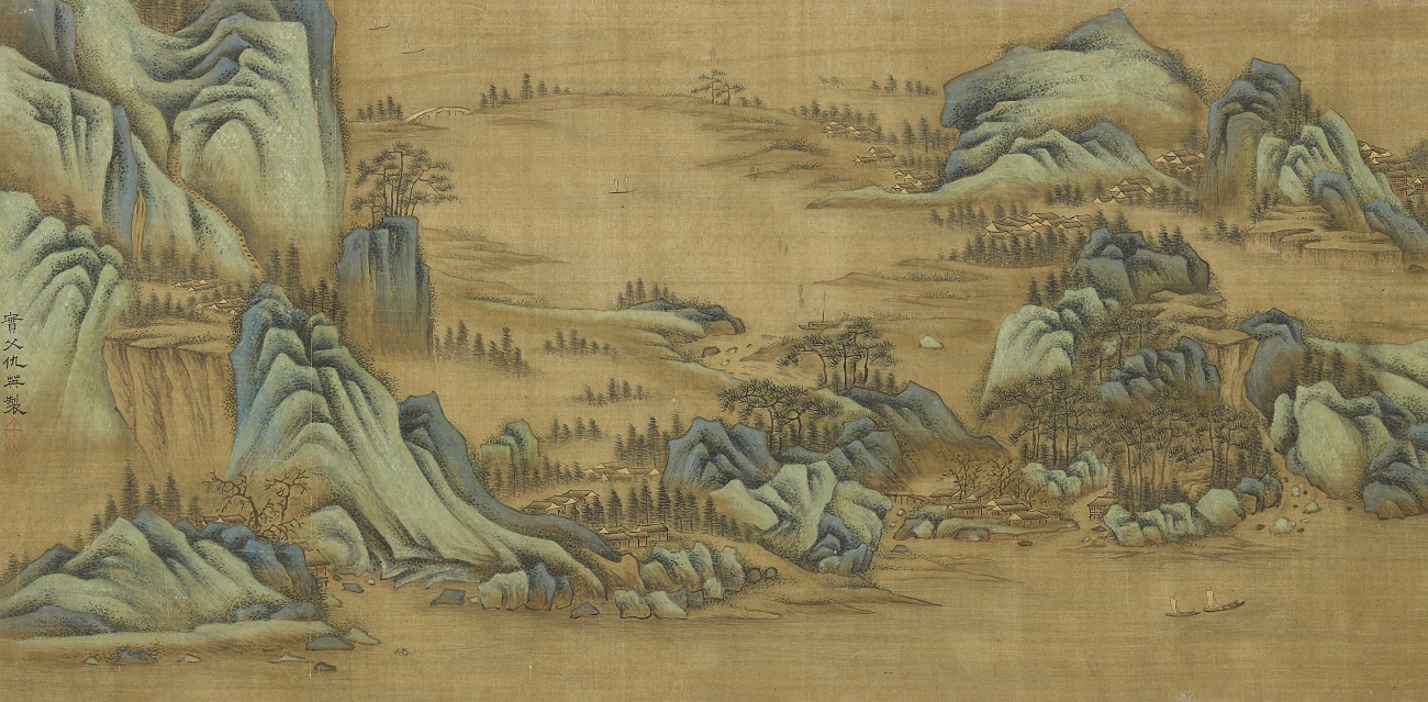 After Qiu Ying - After Qiu Ying and Wen Zhengming. River landscape in blue-green style. Horizontal scroll. Ink and colours on paper. Inscribed Shifu Qiu Ying zhi and sealed Shizhou. Colophon ins... - image-3