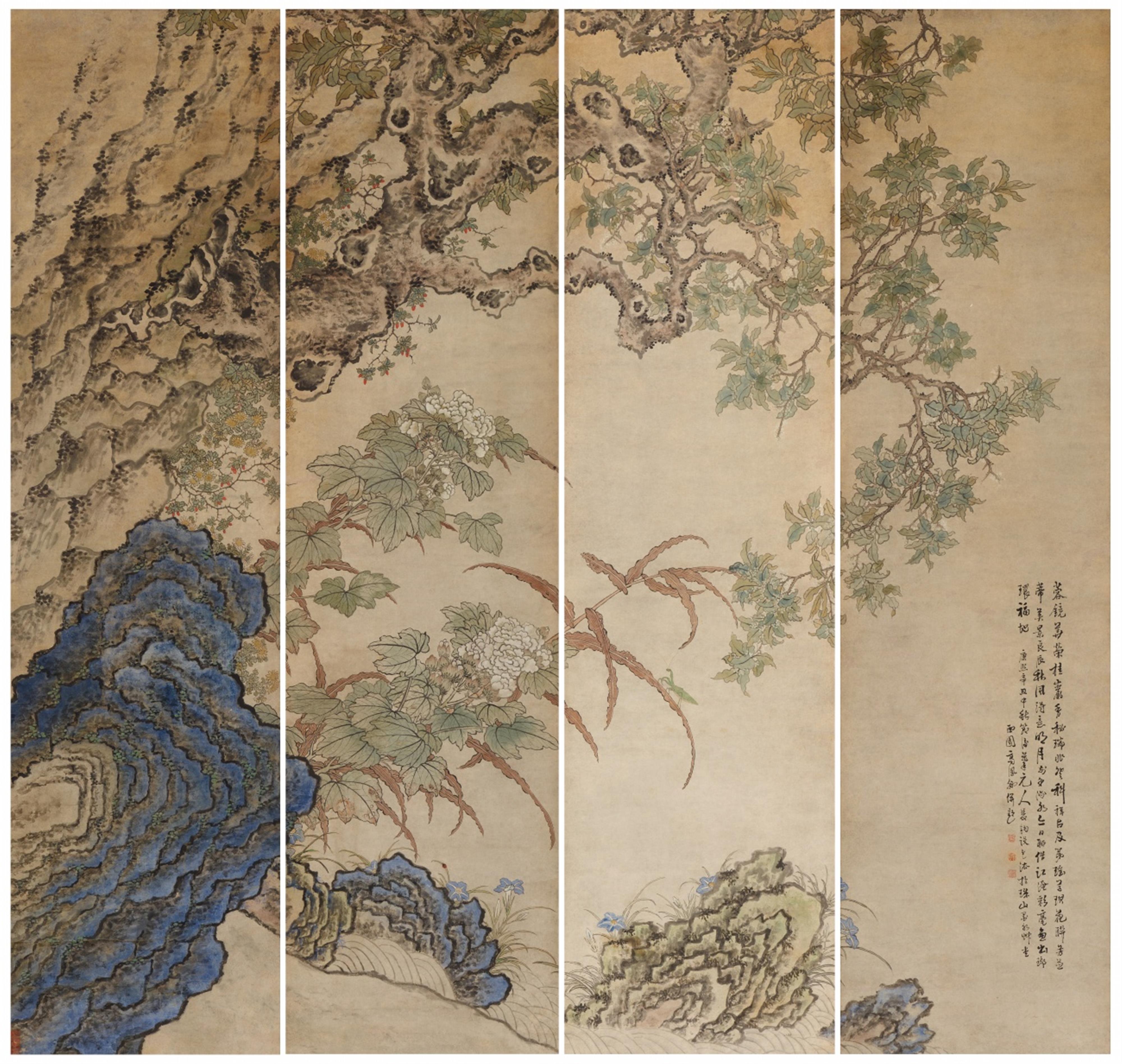 After Gao Fenghan - Four hanging scrolls. Peonies, chrysanthemums, roses and lilies. Ink and colour on paper. Inscription, dated cyclically xinchou (1721), inscribed Xiyuan, Gao Fenghan and sealed ... - image-1