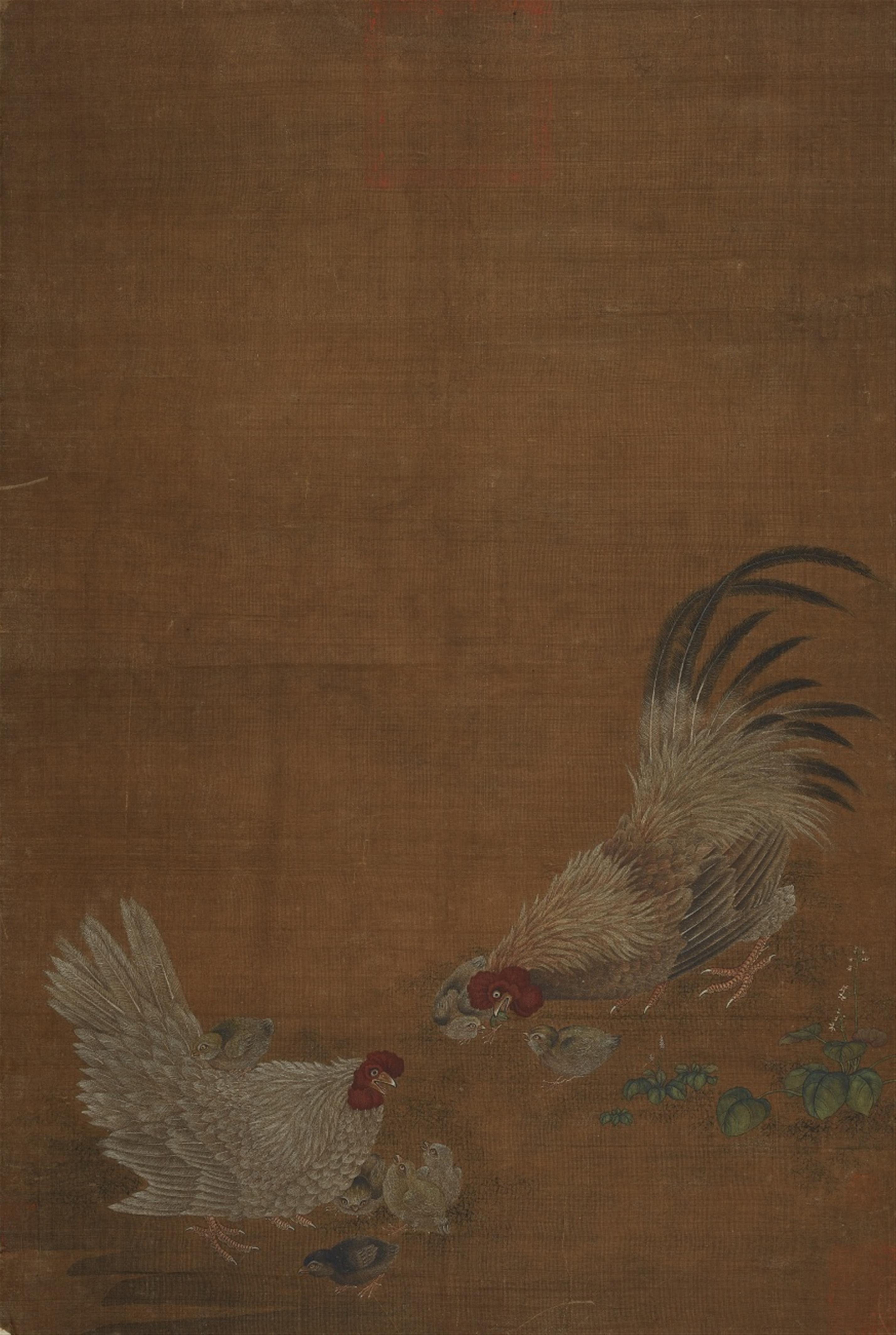 Anonymous painter - A cock and hen with six chicks in Song style. Ink and colors on silk. Formerly mounted as a hanging scroll, mounted on plywood. Sealed Xuan dian bao and three collector's seals. - image-1