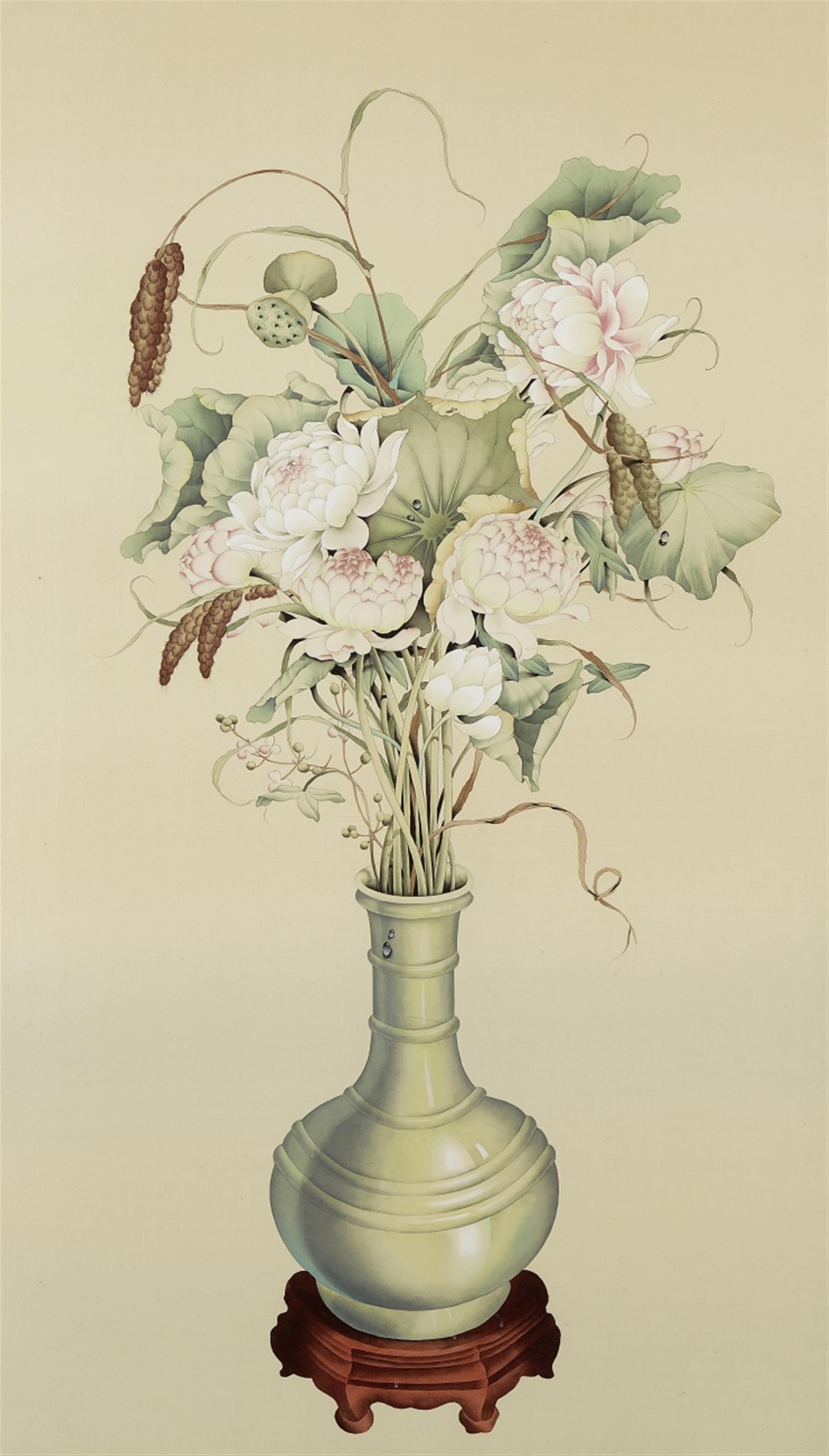 After Lang Shining (Giuseppe Castiglione) - A celadon vase with an arrangement of auspicious plants such as lotus and stalks of rice with ears of grain. Ink and colour on paper. With silk mounting, framed and glazed. - image-1