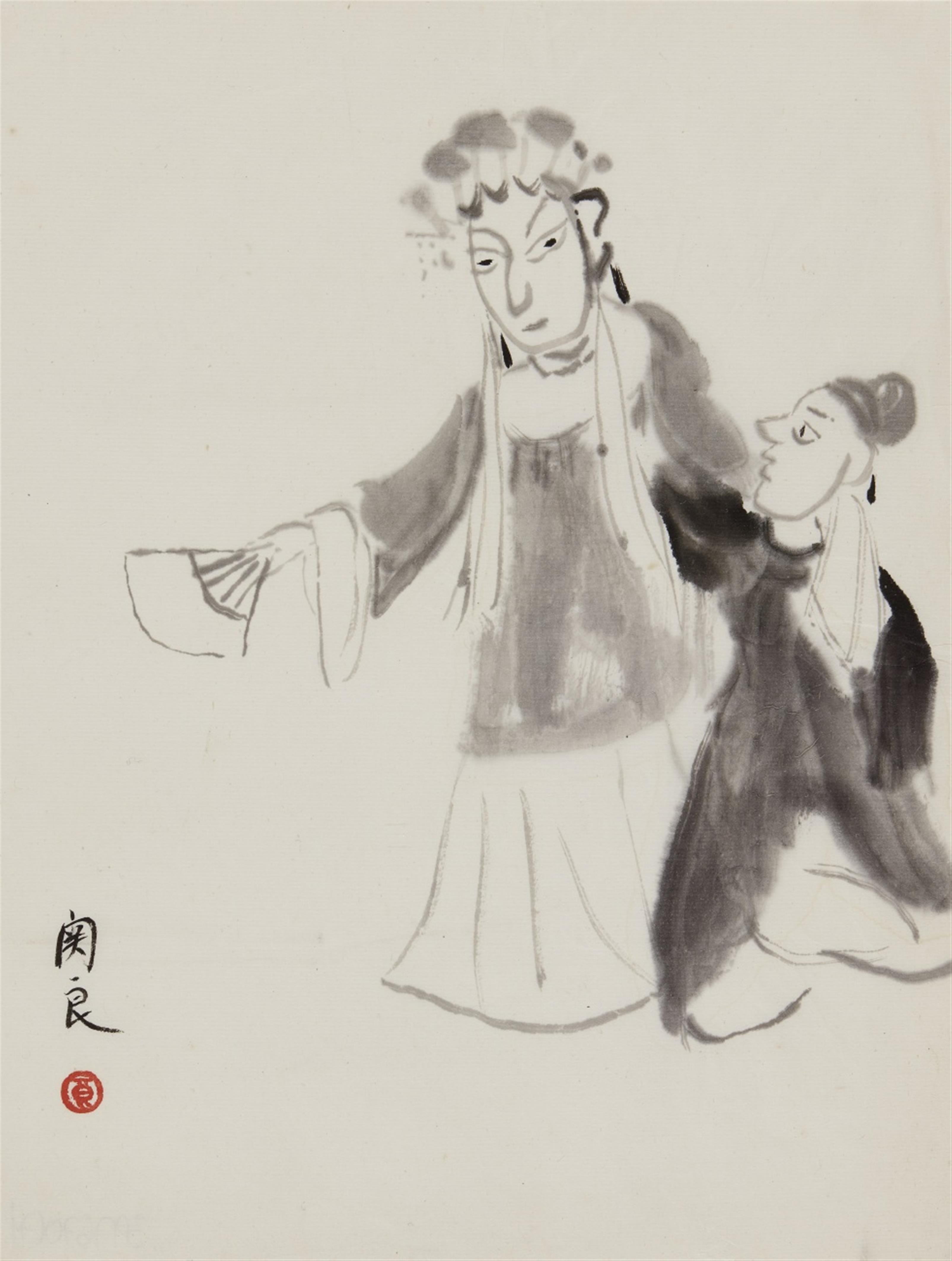 Guan Liang - Seven album leaves with scenes from the Peking Opera and opera figures. Ink on paper. Signed Guan Liang and sealed. In addition (in copies): Typewriter-written letter from the a... - image-2