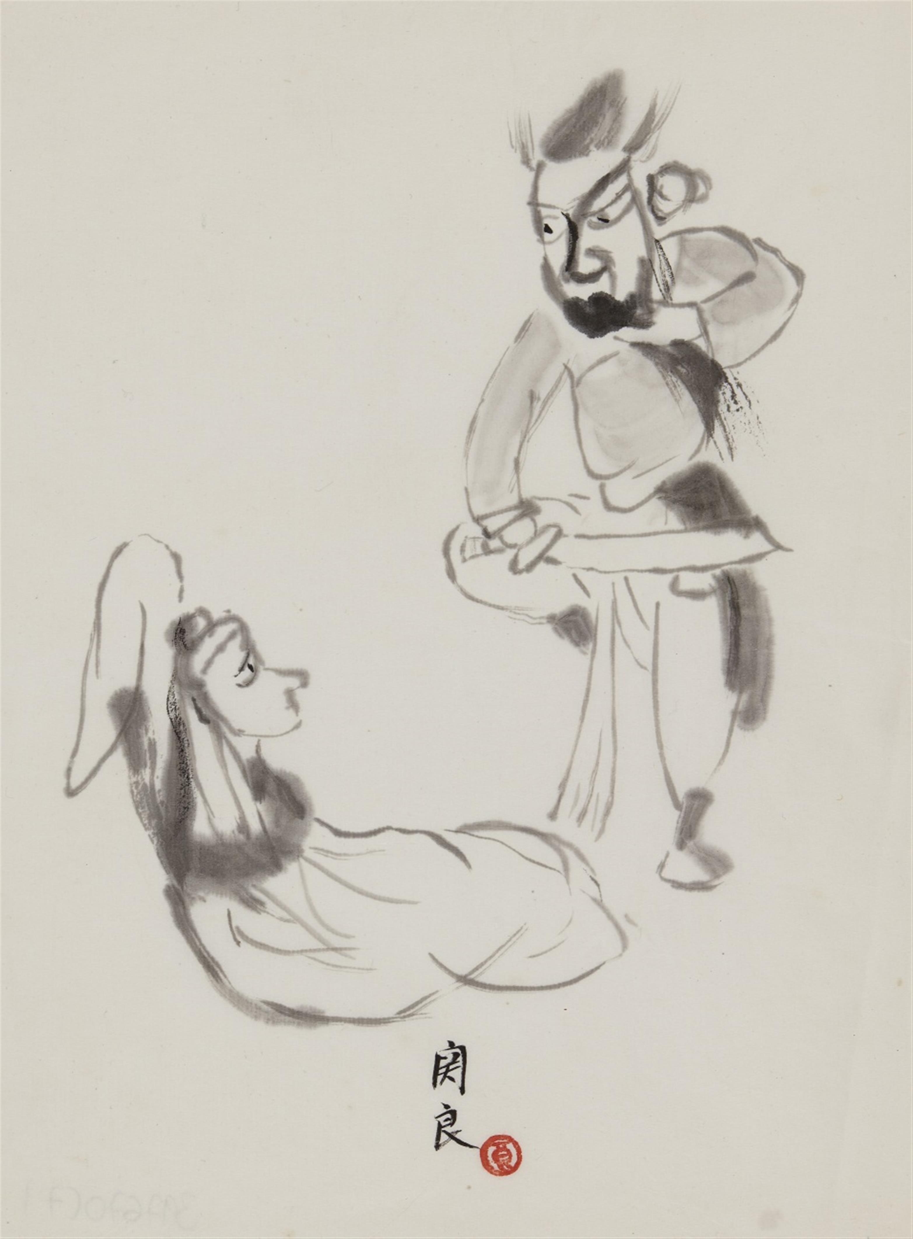 Guan Liang - Seven album leaves with scenes from the Peking Opera and opera figures. Ink on paper. Signed Guan Liang and sealed. In addition (in copies): Typewriter-written letter from the a... - image-3