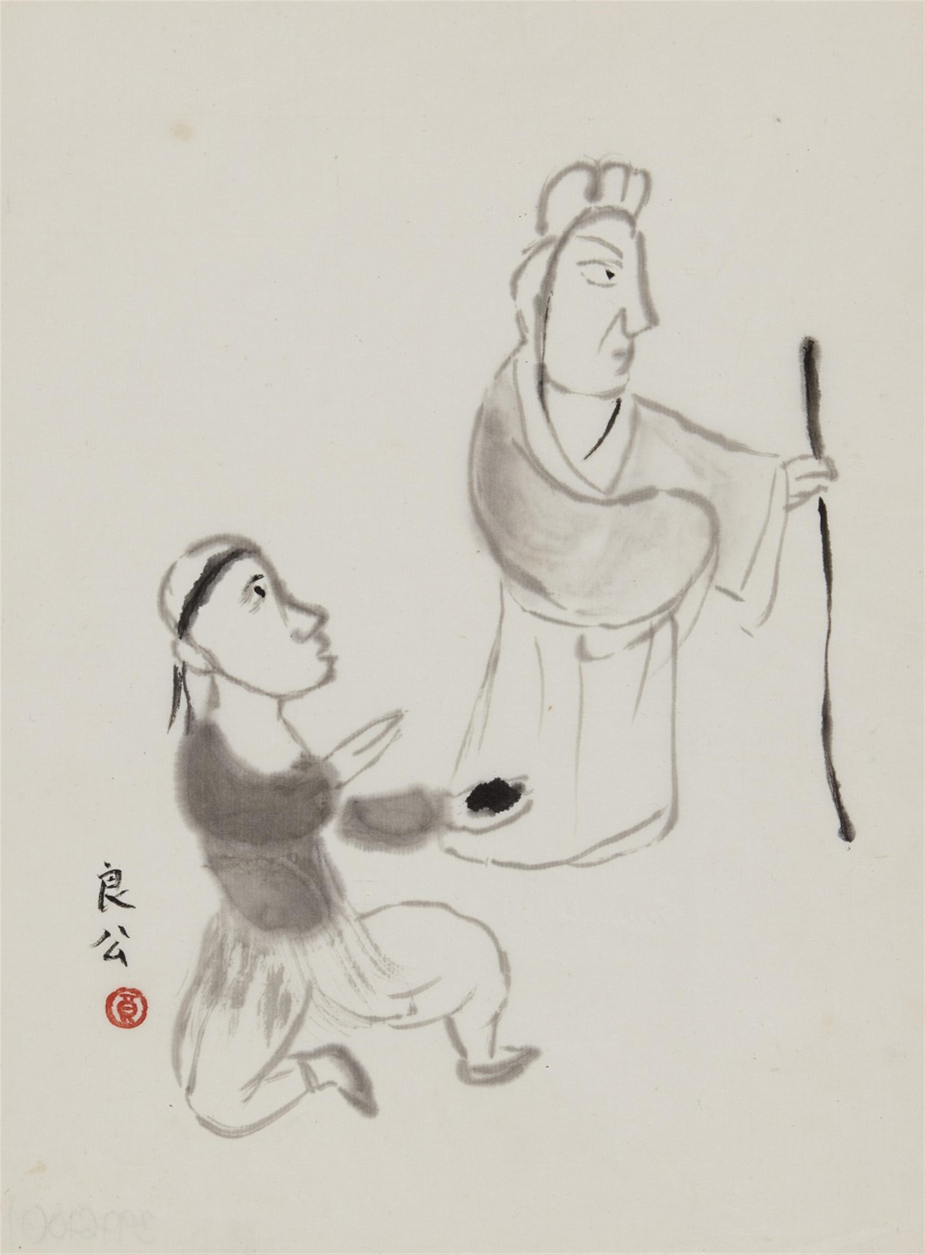 Guan Liang - Seven album leaves with scenes from the Peking Opera and opera figures. Ink on paper. Signed Guan Liang and sealed. In addition (in copies): Typewriter-written letter from the a... - image-4