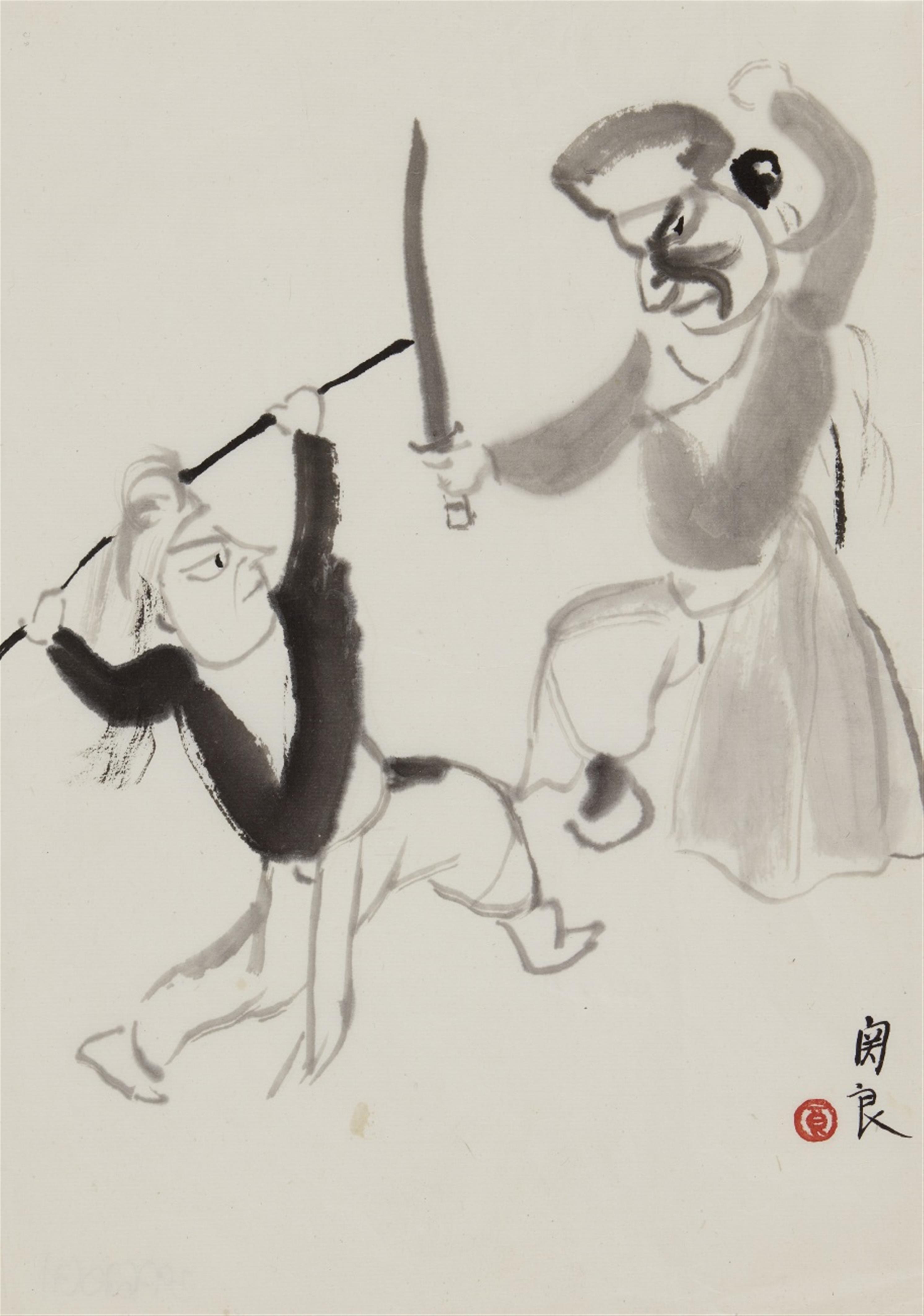 Guan Liang - Seven album leaves with scenes from the Peking Opera and opera figures. Ink on paper. Signed Guan Liang and sealed. In addition (in copies): Typewriter-written letter from the a... - image-5