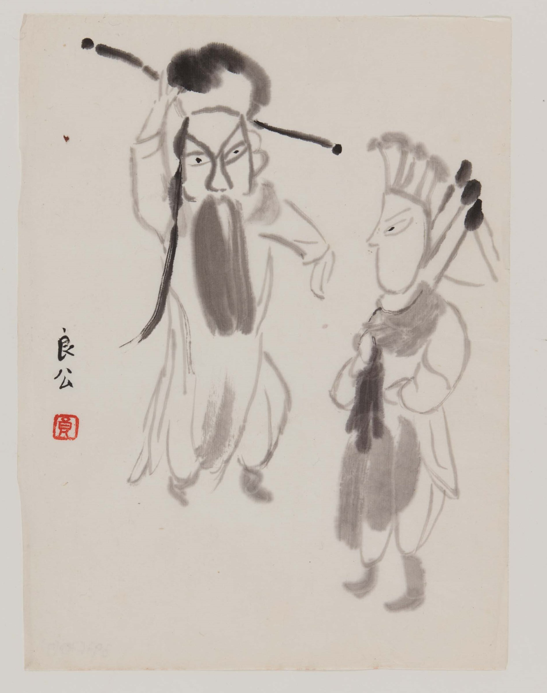 Guan Liang - Seven album leaves with scenes from the Peking Opera and opera figures. Ink on paper. Signed Guan Liang and sealed. In addition (in copies): Typewriter-written letter from the a... - image-9