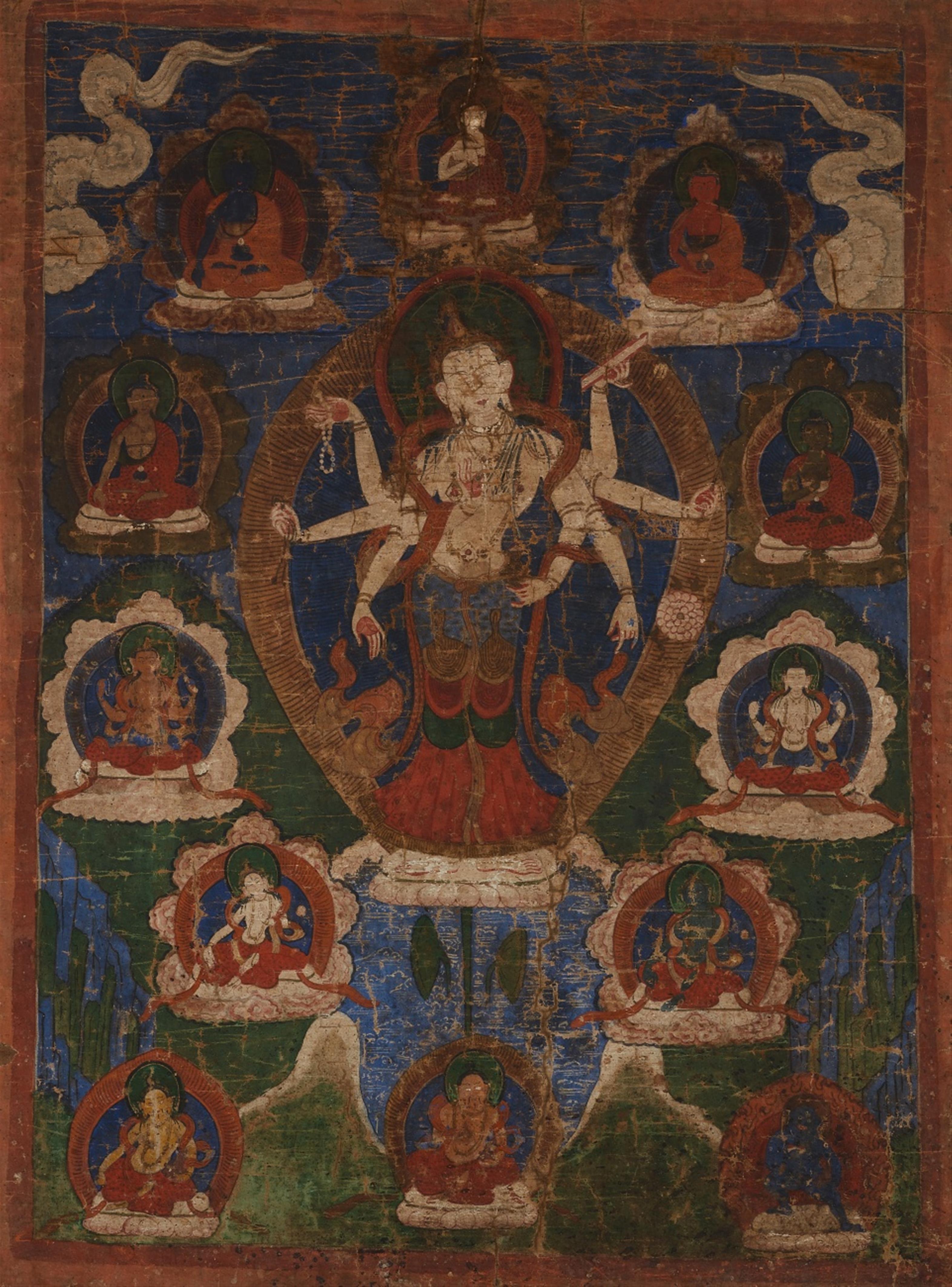 Thangka des Avalokiteshvara Amoghapasha. Tibet. 19. Jh. - image-1