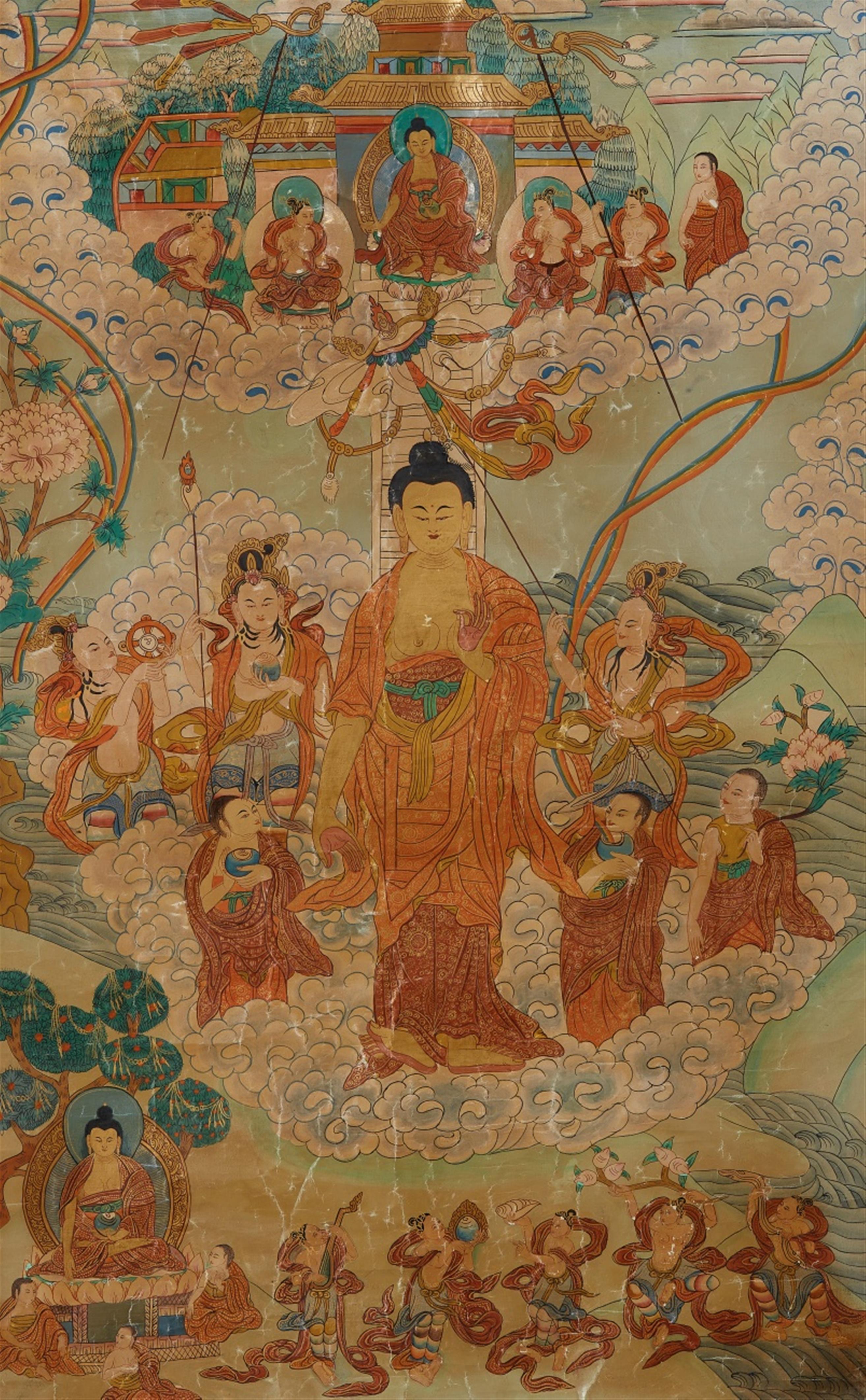 An Eastern Tibetan thangka depicting Buddha´s descent from Tushita heaven. 19th/early 20th century - image-1