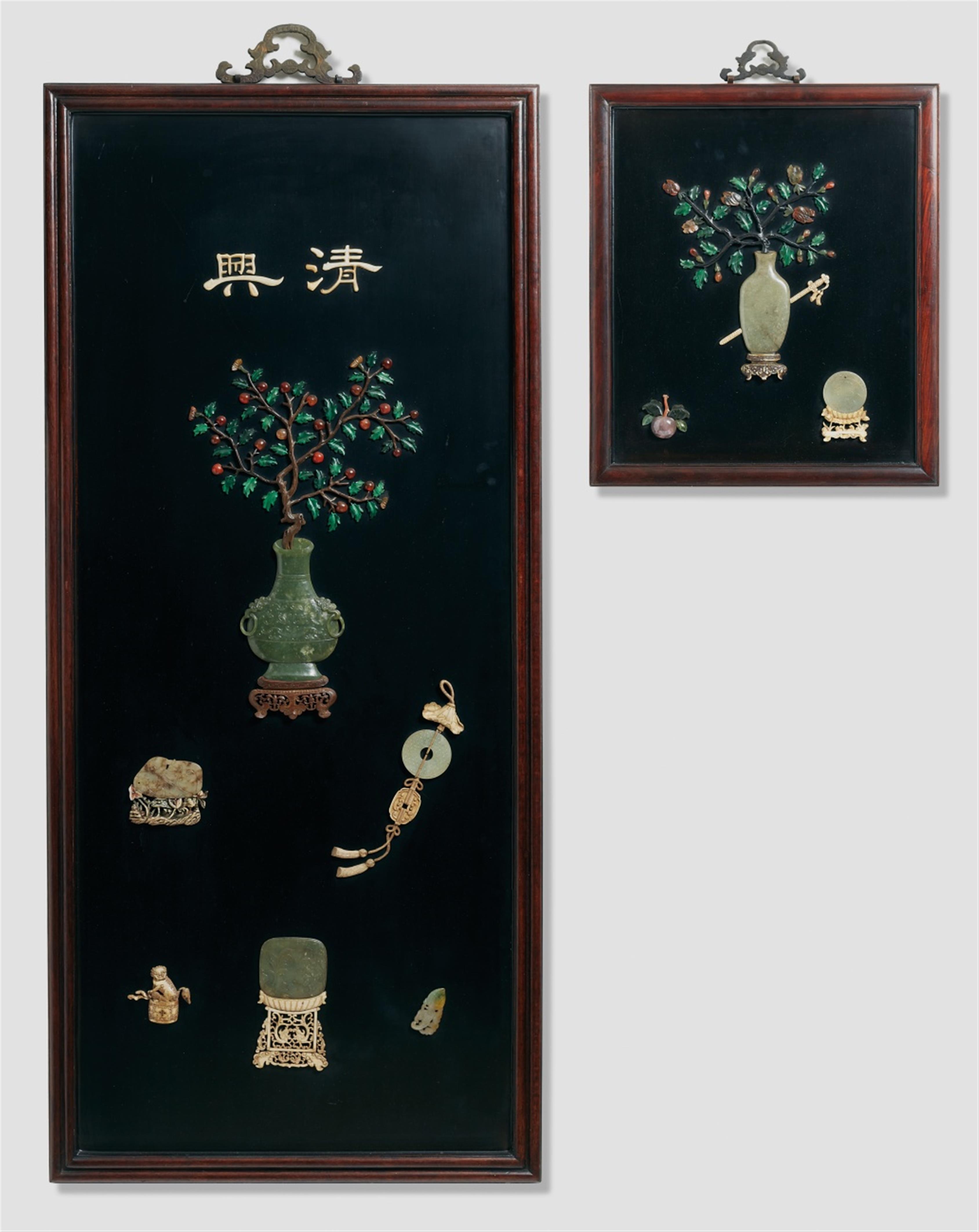 A large and a smaller panel with inlays of various stones, carved bone and wood. Around 1900  - image-1