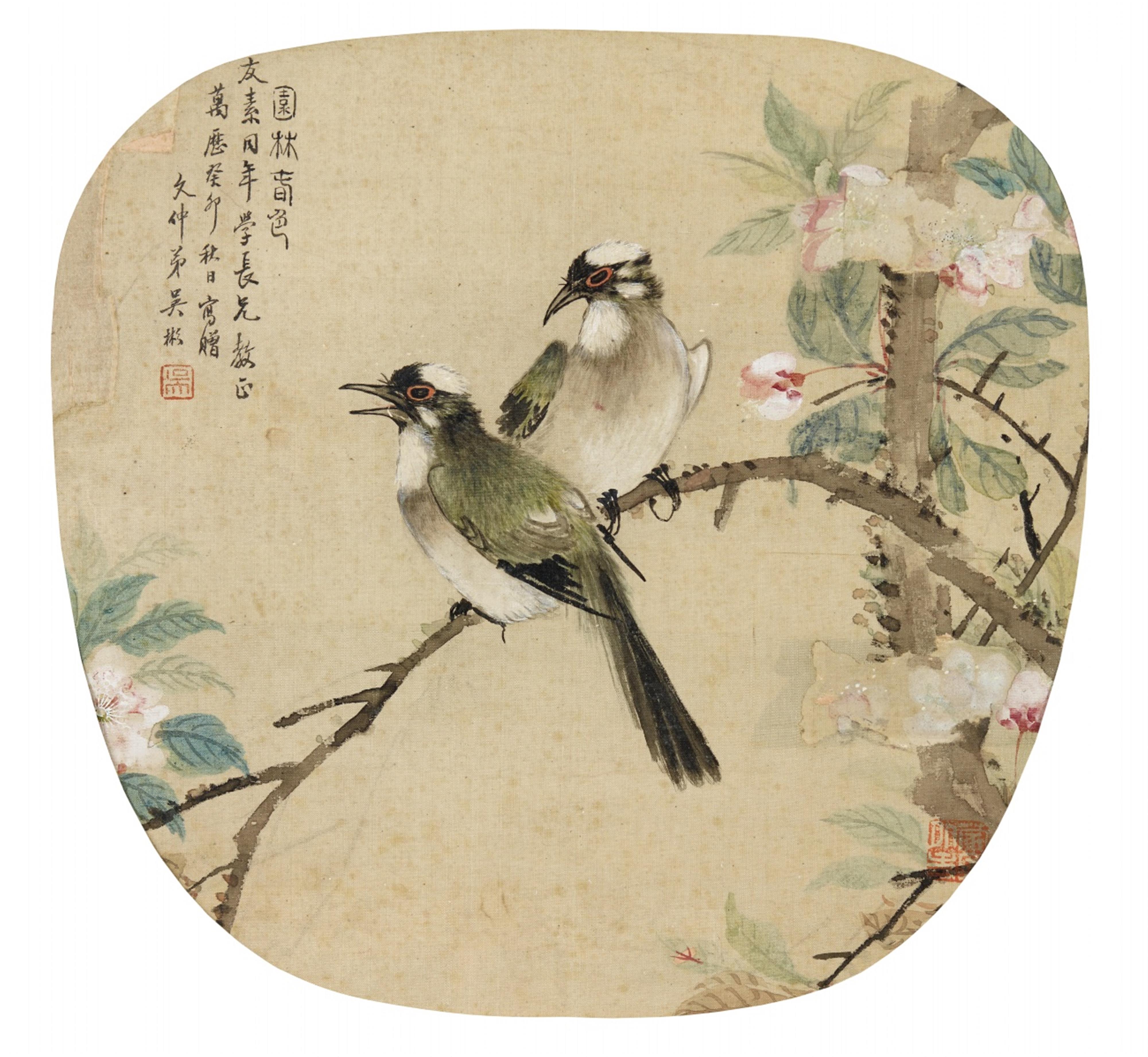 Zhang Zhiwan
Nach Wu Bin und - Zwei Fächerbilder. a) Vogelpaar auf einem Pflaumenblütenast. Tusche und Farben auf Papier. Aufschrift, zyklisch datiert Wanli guimao (1603), bez.: Wu Bin, Siegel: Wu und ein Sam... - image-1