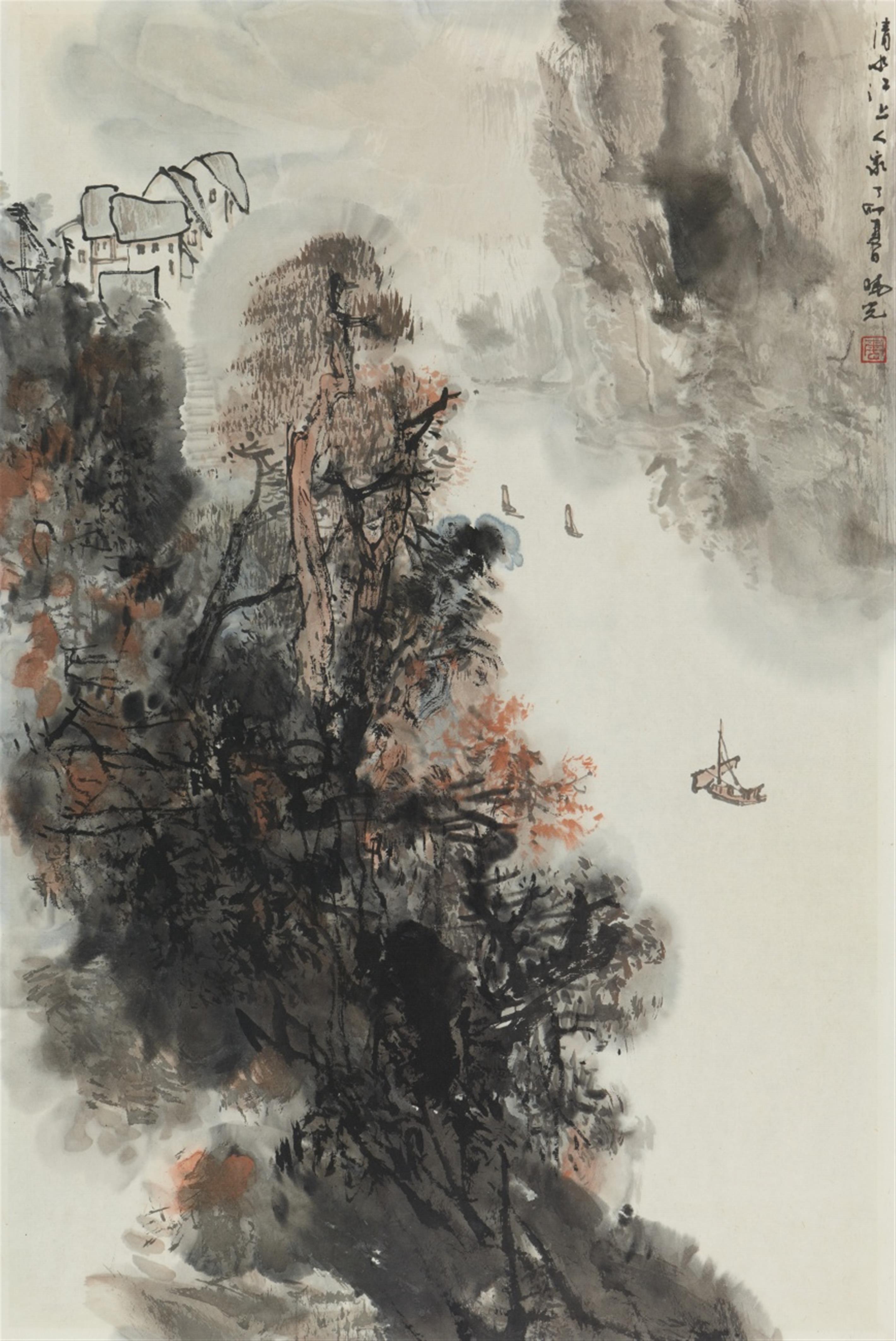 Zhao Xiaoguan - A boat in a river landscape. Ink and a few colours on paper. Inscription, dated cyclically dingmao (1867), signed Xiaoguan and sealed. Framed and glazed. - image-1
