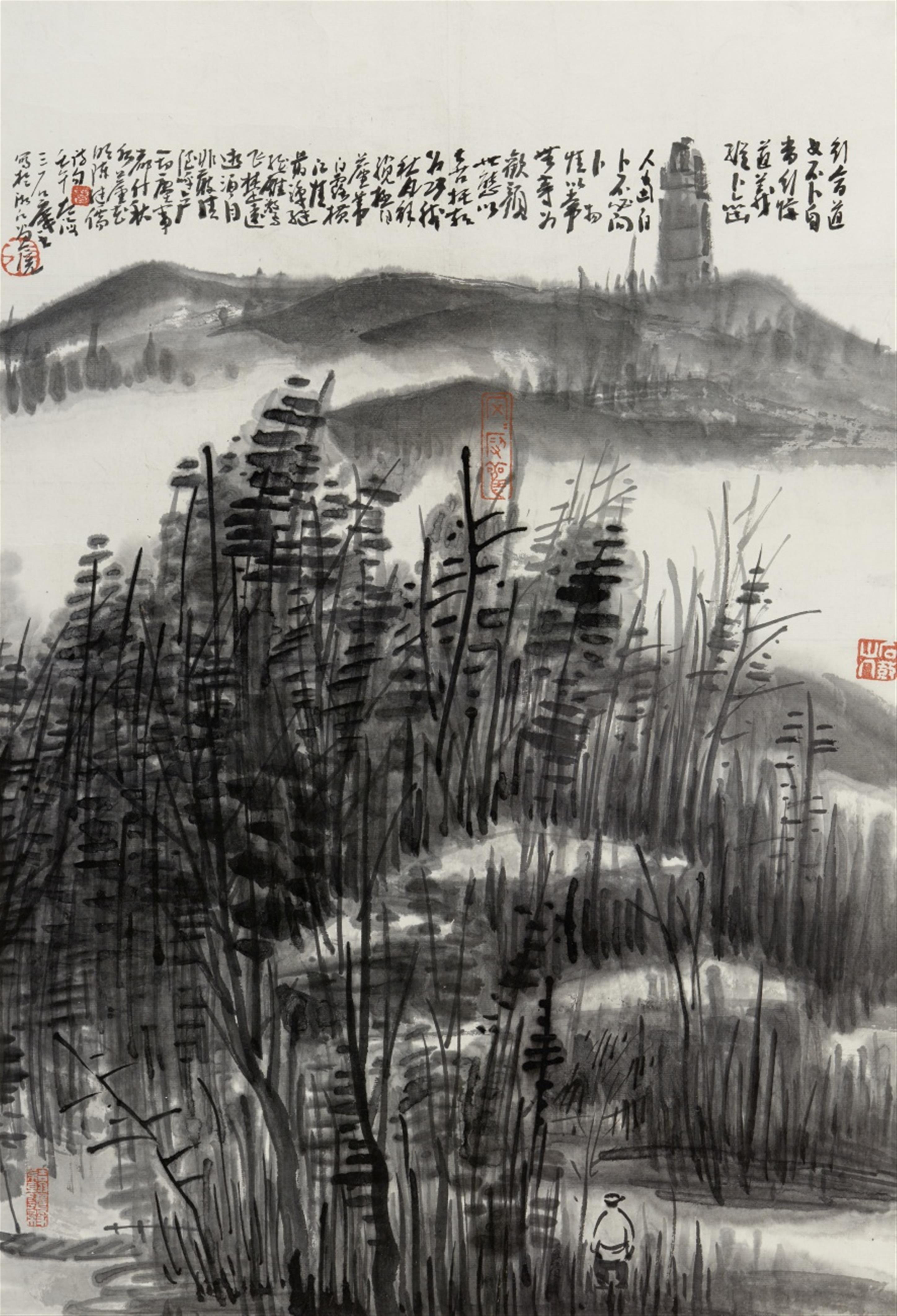 Zeng Mi - Two paintings. a) A pagoda at night. Ink on paper. Signed Sanshi xiang zhu, sealed Zeng, Shilou zhu and three more seals. Matted, framed and glazed. b) An abstract landscape. In... - image-1