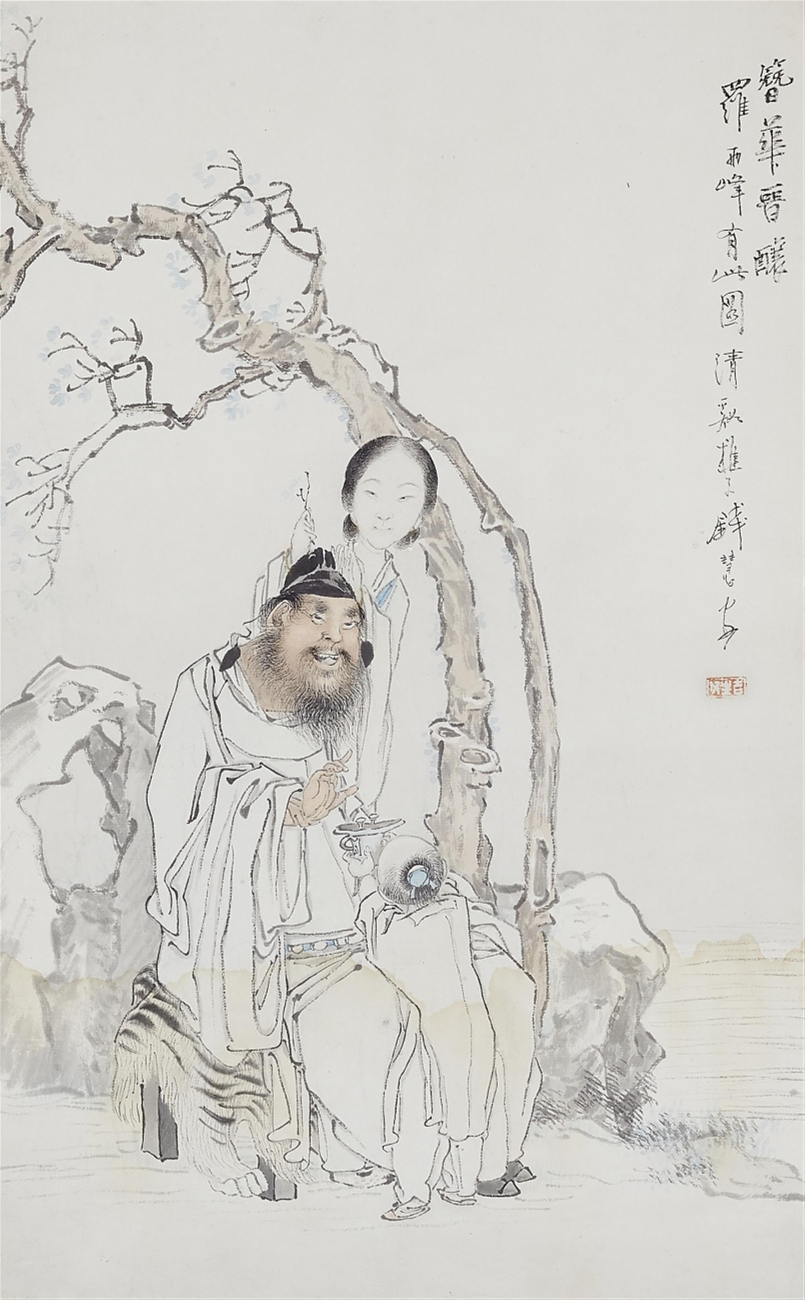 Qian Hui'an - Zhong Kui mit seiner Schwester. Tusche und leichte Farben auf Papier. Aufschrift, sign.: Qian Hui'an und Siegel: Jisheng an. Wasserschaden. Mit Seidenstoffumrandung und unter Gl... - image-1