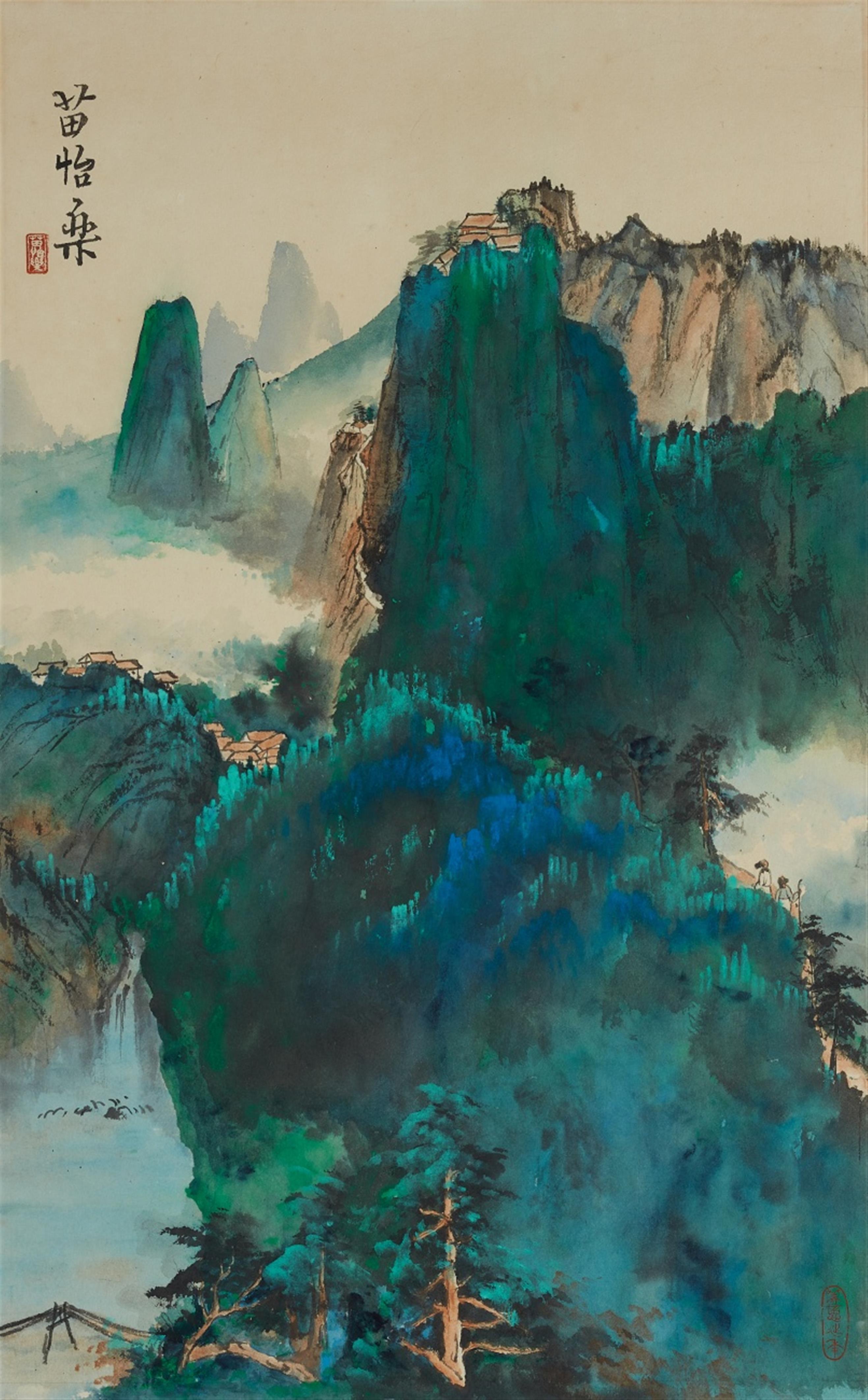 Miao Yi Le (Murielle Zeidler) - A mountaineous landscape in blue-green style. Ink and colour on paper. Signed and sealed Miao Yi Le. With silk mounting, framed and glazed. - image-1