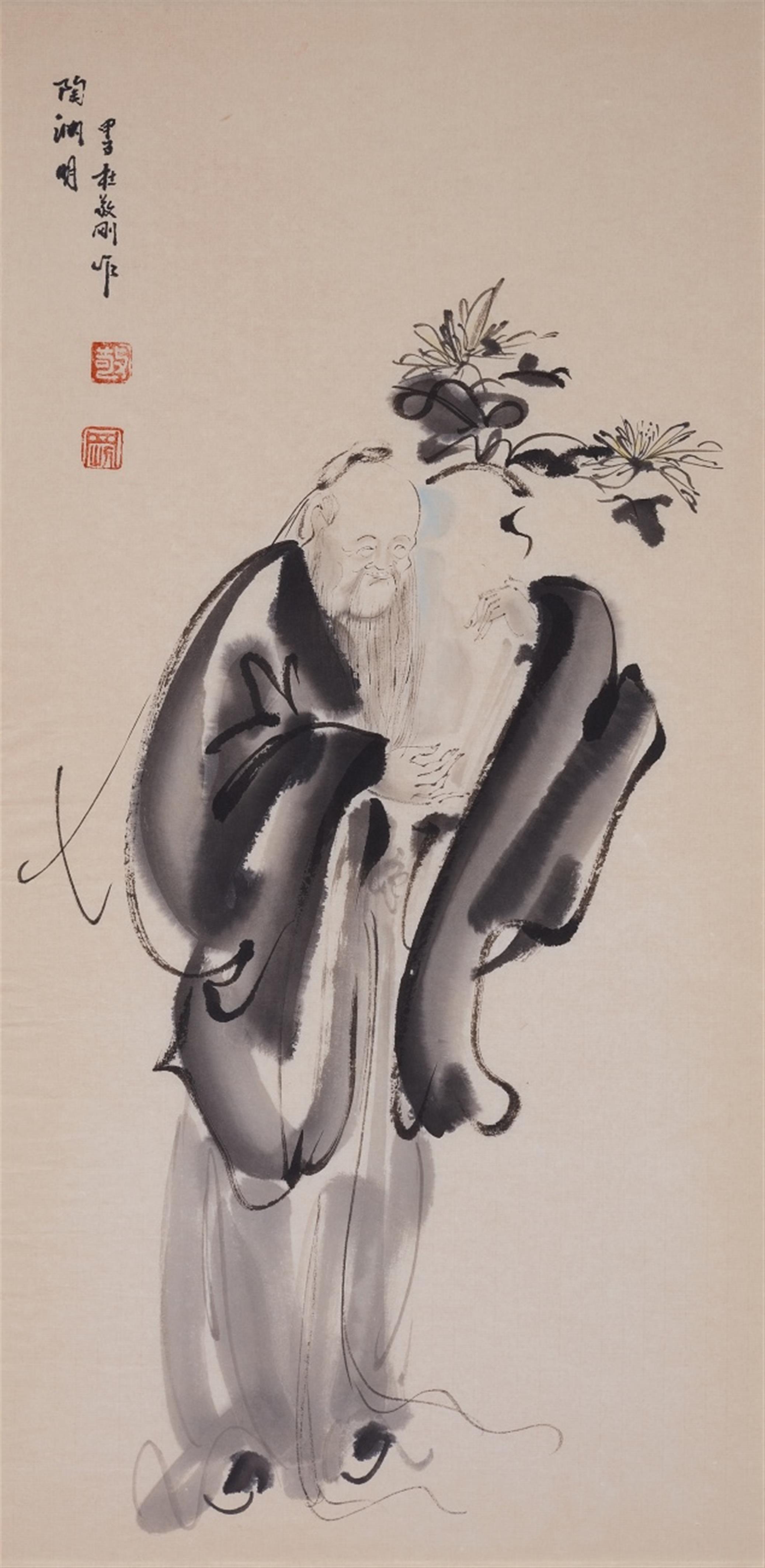 Du Jinggang - Der Dichter Tao Yuanming mit Chrysanthemen. Tusche und wenige Farben auf Papier. Aufschrift, zyklisch datiert jiazi (1984), sign.: Du Jinggang und Siegel: Jing und Gang. Unter G... - image-1