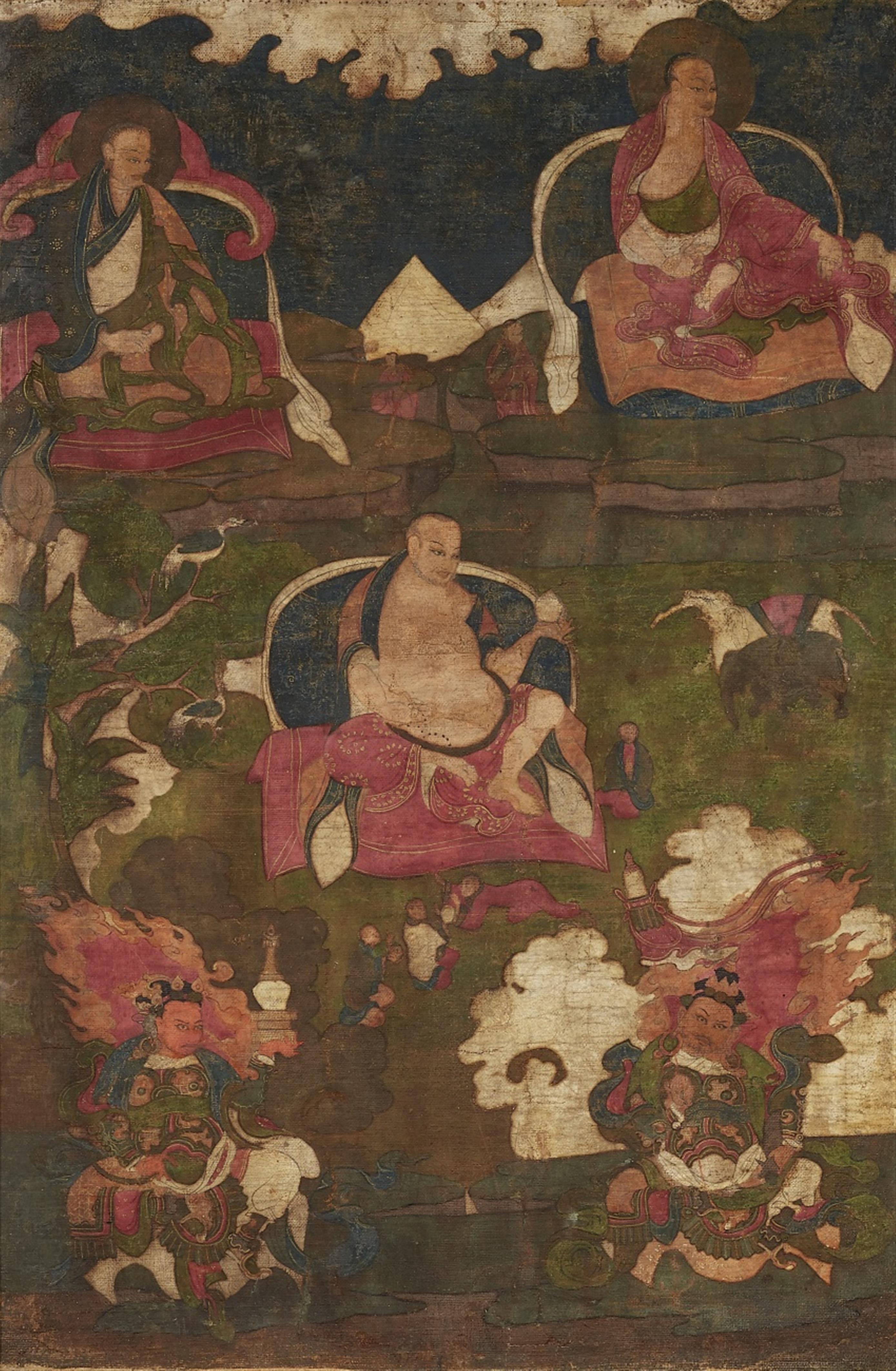 A Tibetan thangka with two arhats and Moheyan. 18th century - image-1